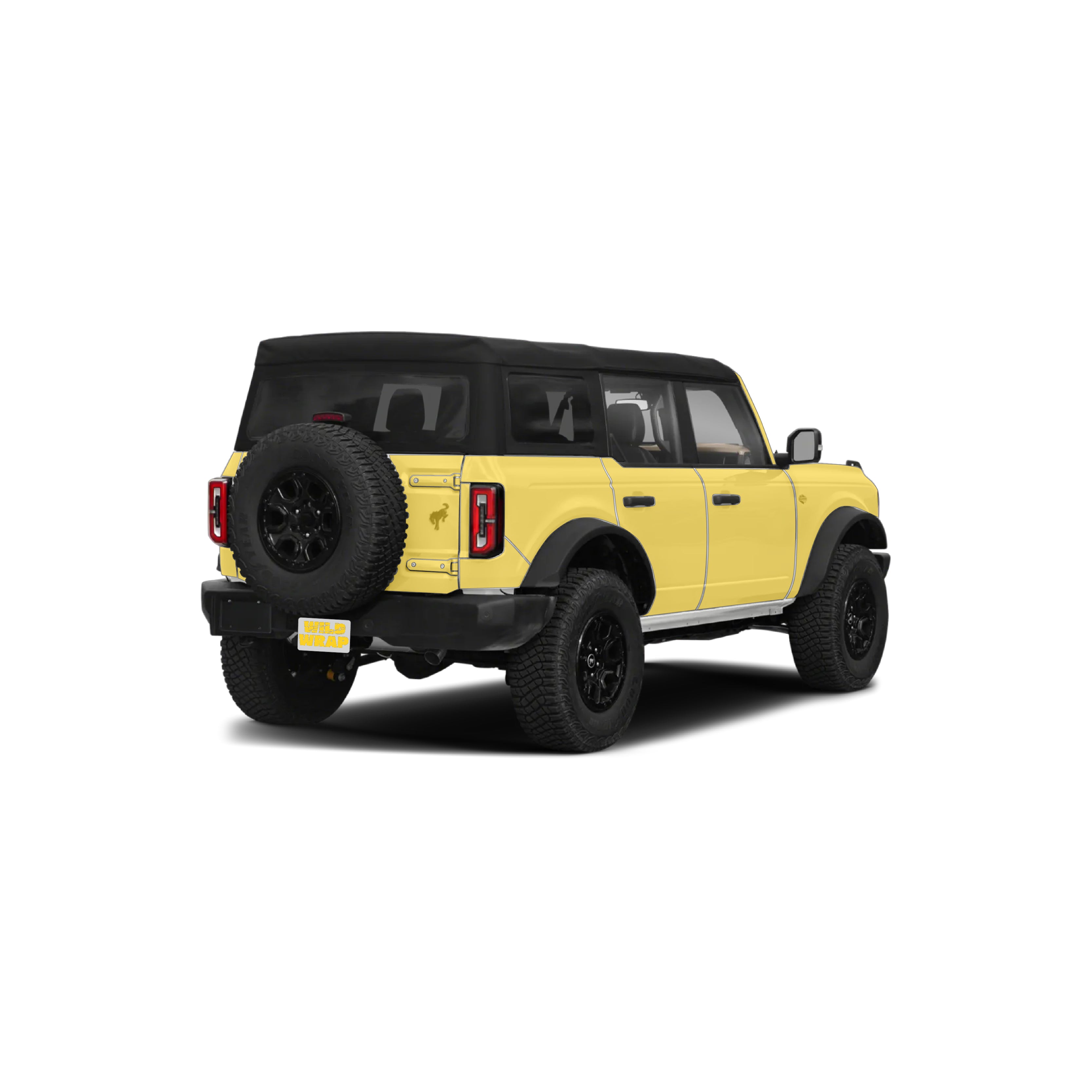 ford Bronco 4 doors rear with WildWrap DIY PPF Matte coverage shown in yellow overlay