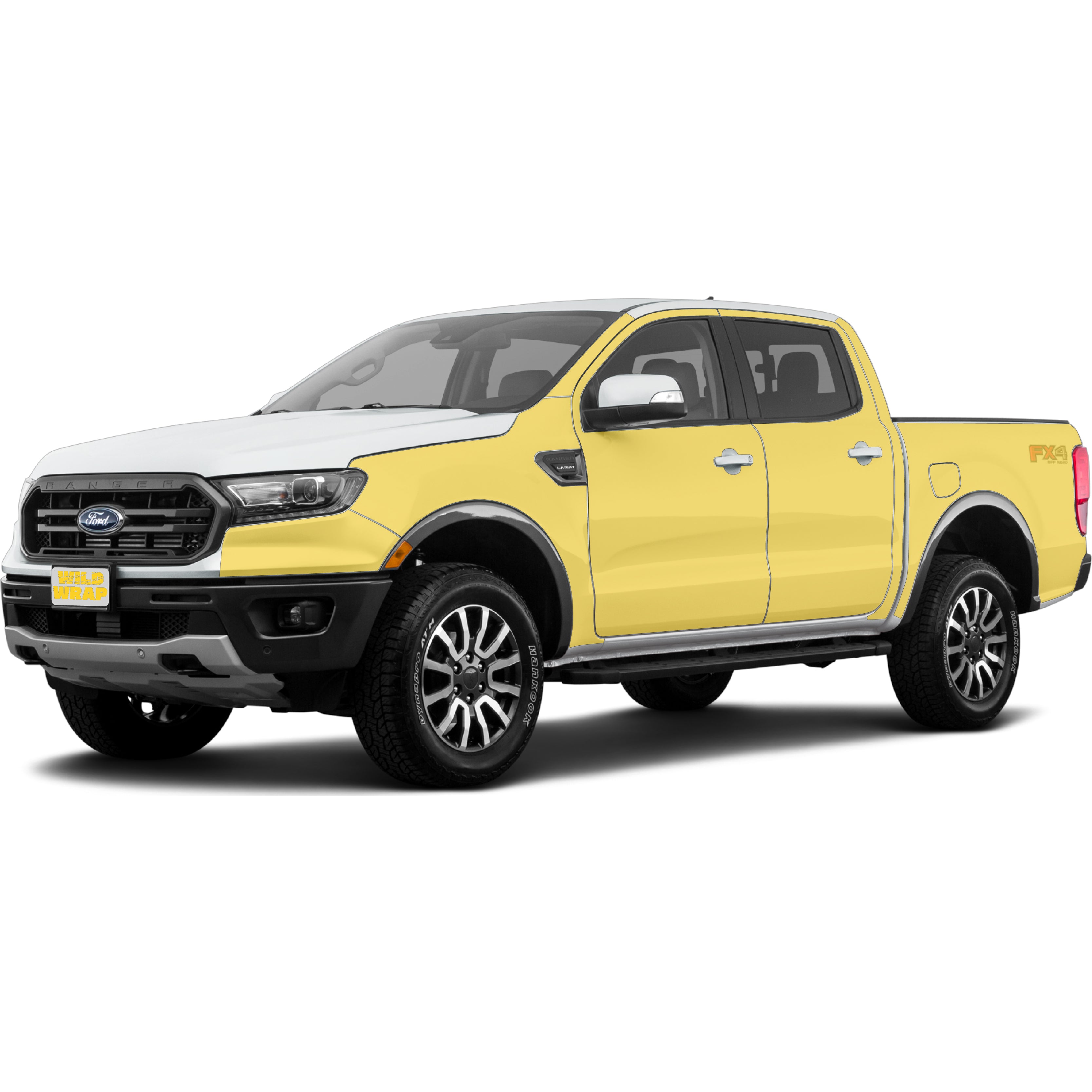 Ford Ranger 4th gen with WildWrap DIY PPF full sides coverage shown in yellow overlay