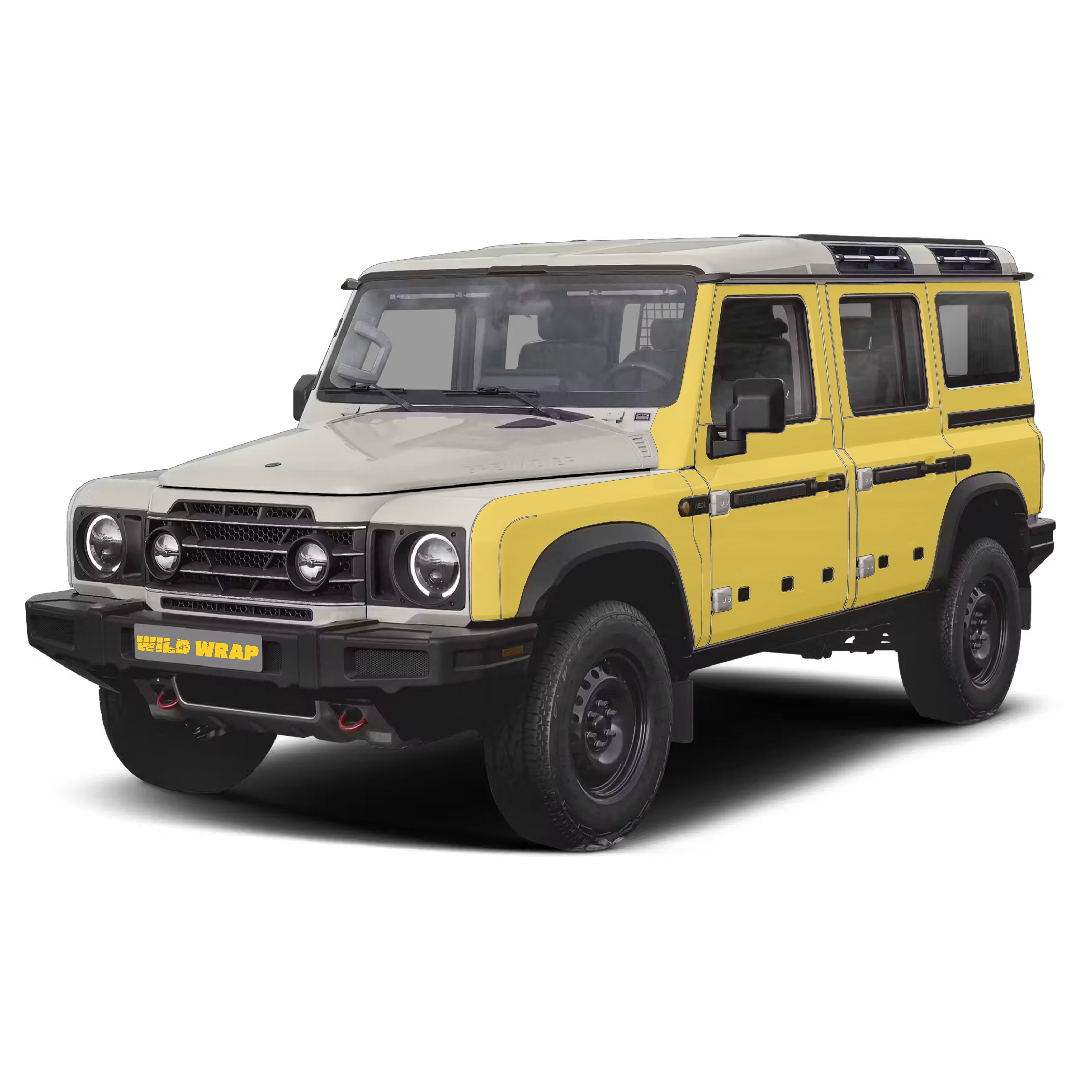 White Ineos Grenadier with WildWrap DIY paint protection film coverage shown in yellow overlay