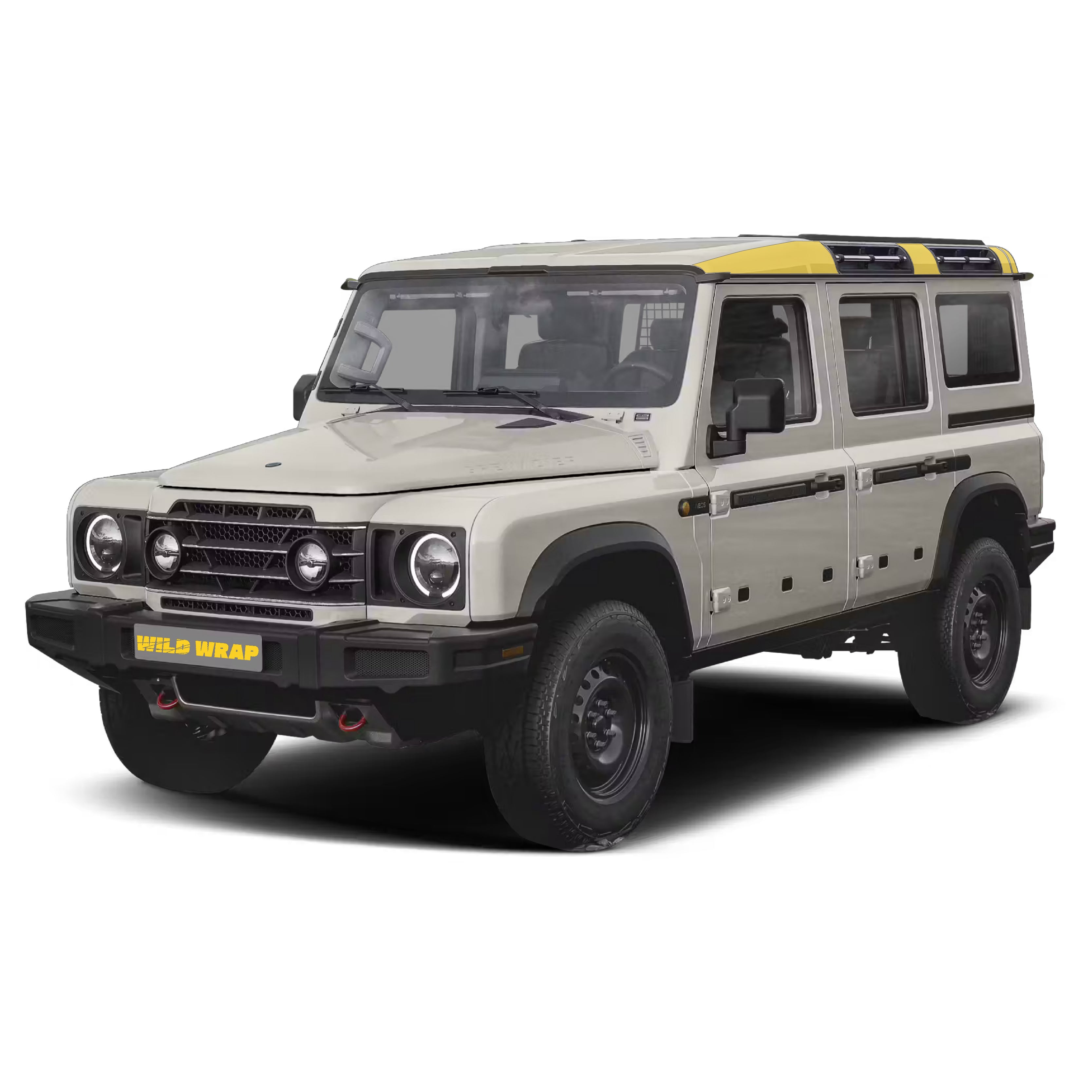 Ineos Grenadier with WildWrap DIY PPF Roof line coverage shown in yellow overlay
