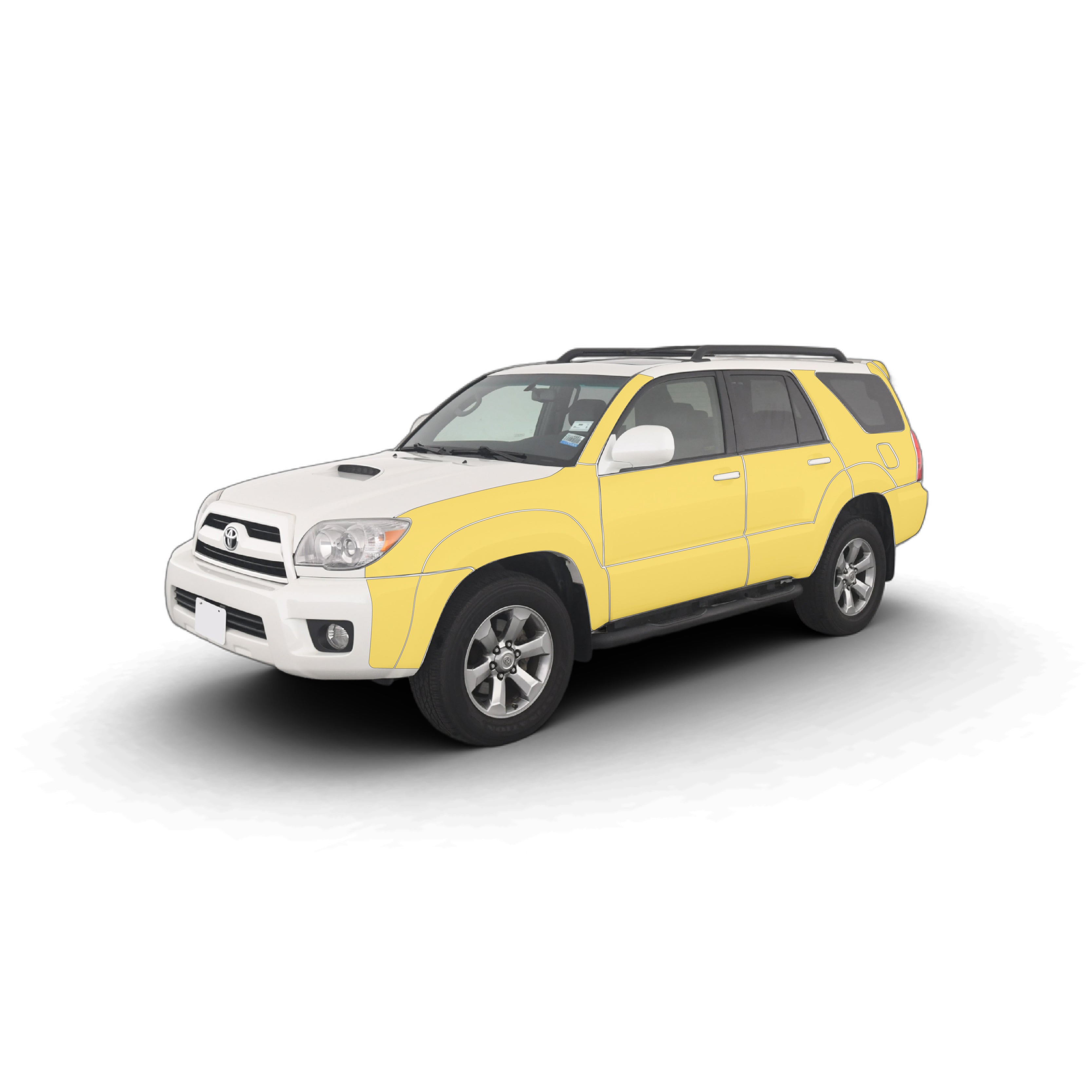 White Toyota 4runner with WildWrap DIY paint protection film coverage shown in yellow overlay