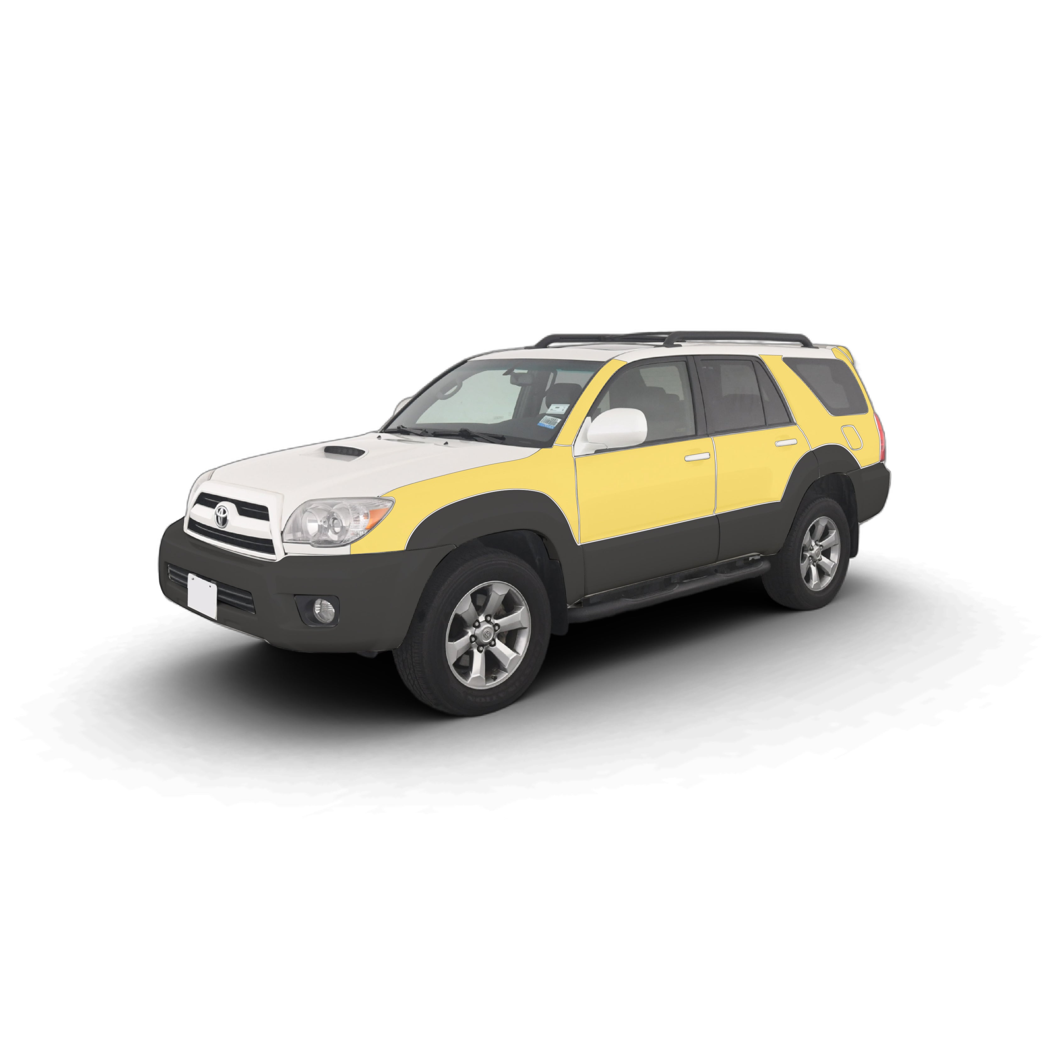 White Toyota 4runner with WildWrap DIY paint protection film coverage shown in yellow overlay