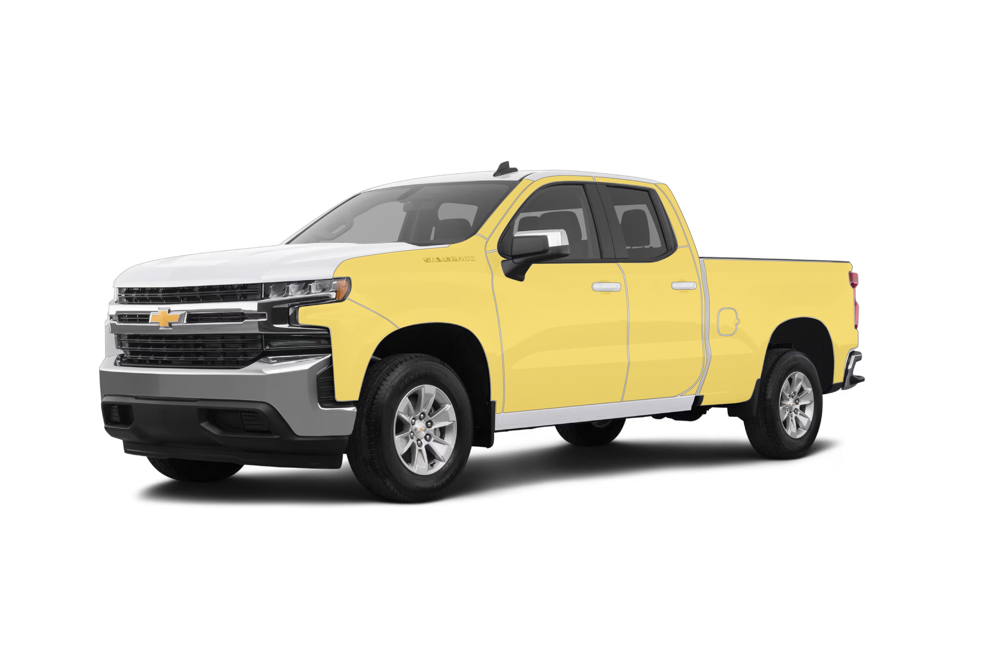 White Chevrolet Silverado with WildWrap DIY paint protection film coverage shown in yellow overlay