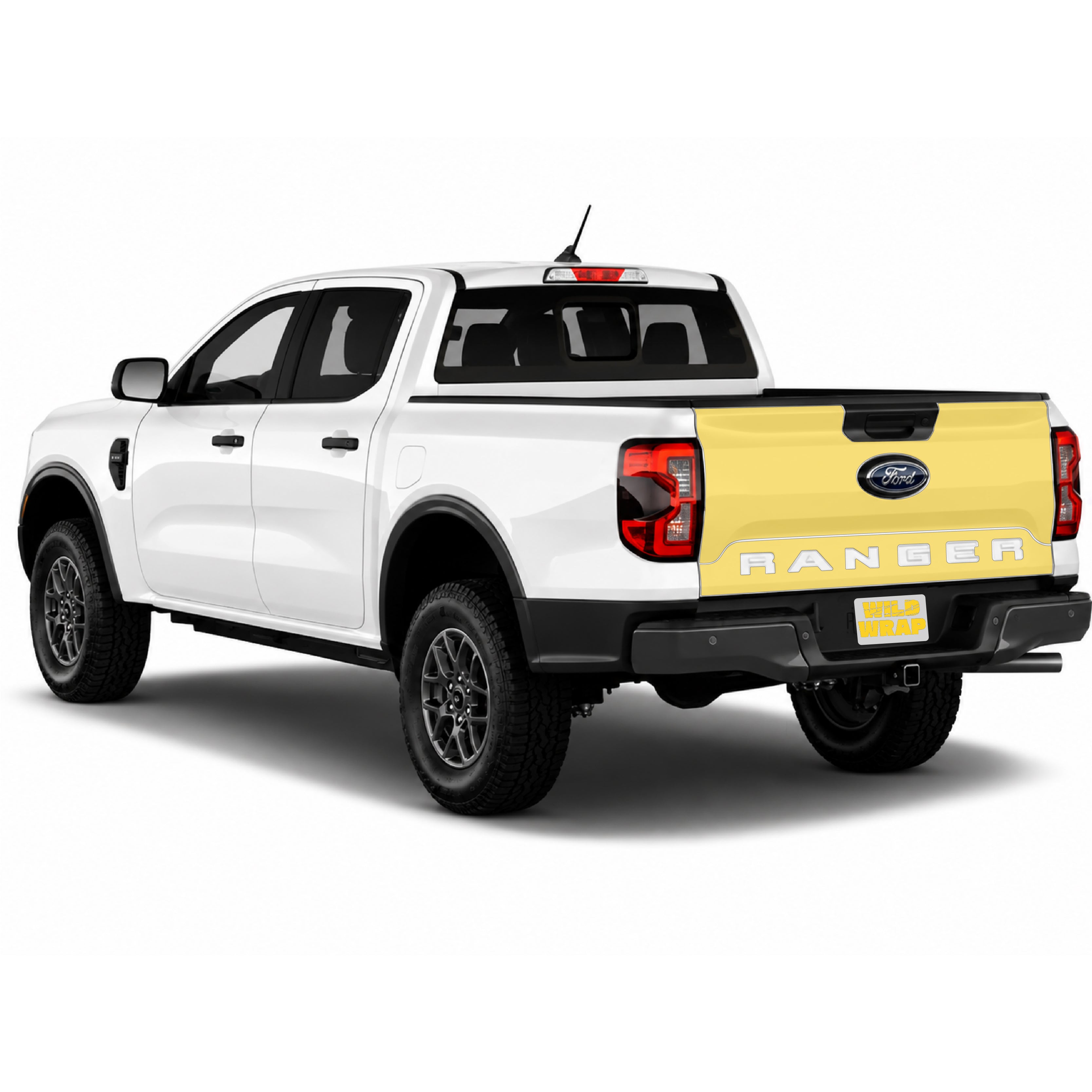 Ford Ranger 5th gen 2025 with WildWrap DIY PPF tailgate relif cut kit coverage shown in yellow overlay
