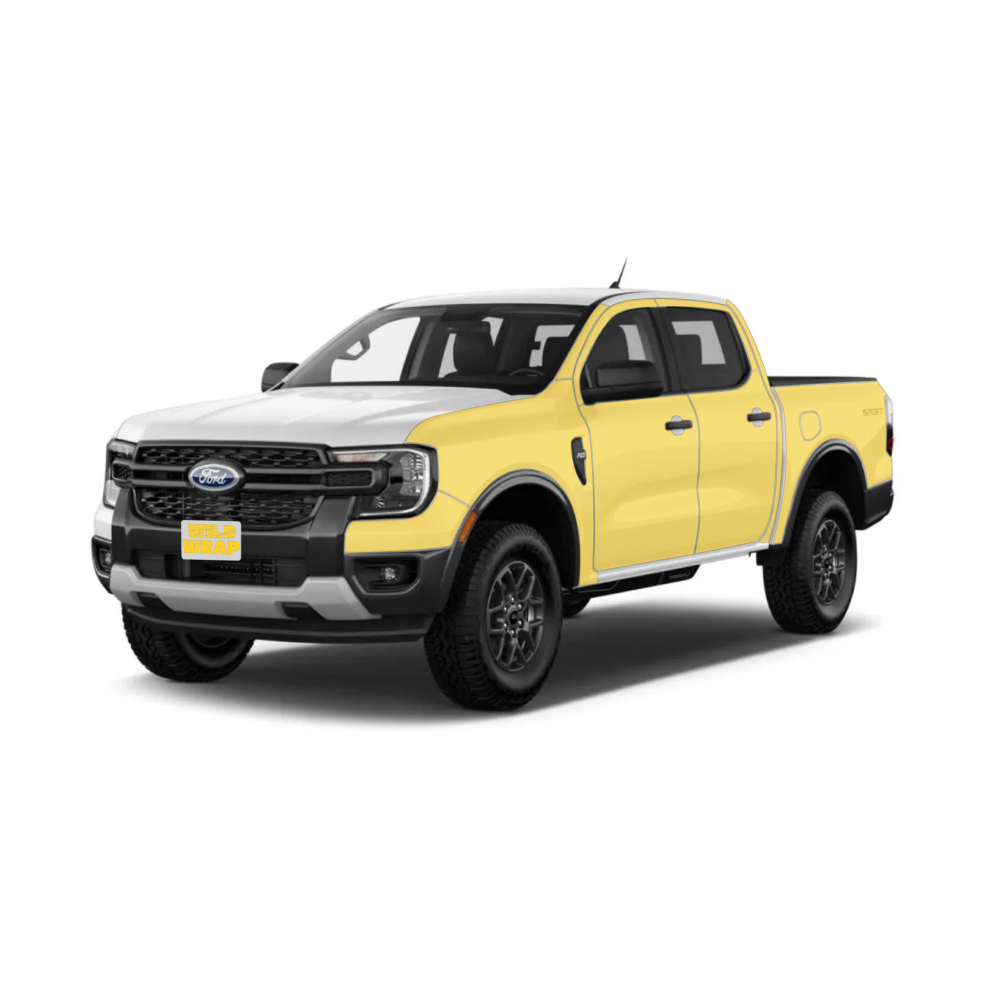 Ford Ranger 5th gen with WildWrap DIY PPF full sides coverage shown in yellow overlay