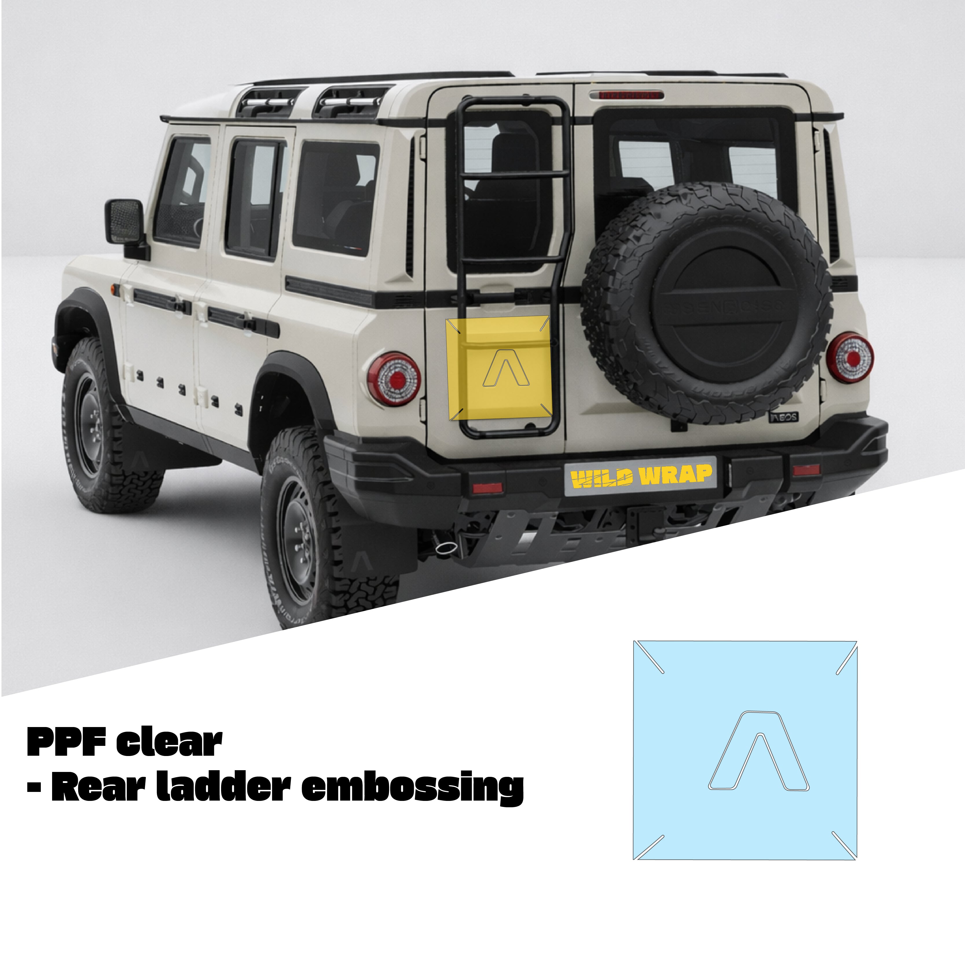 Ineos grenadier with WildWrap DIY PPF ladder embossing kit coverage shown in yellow overlay