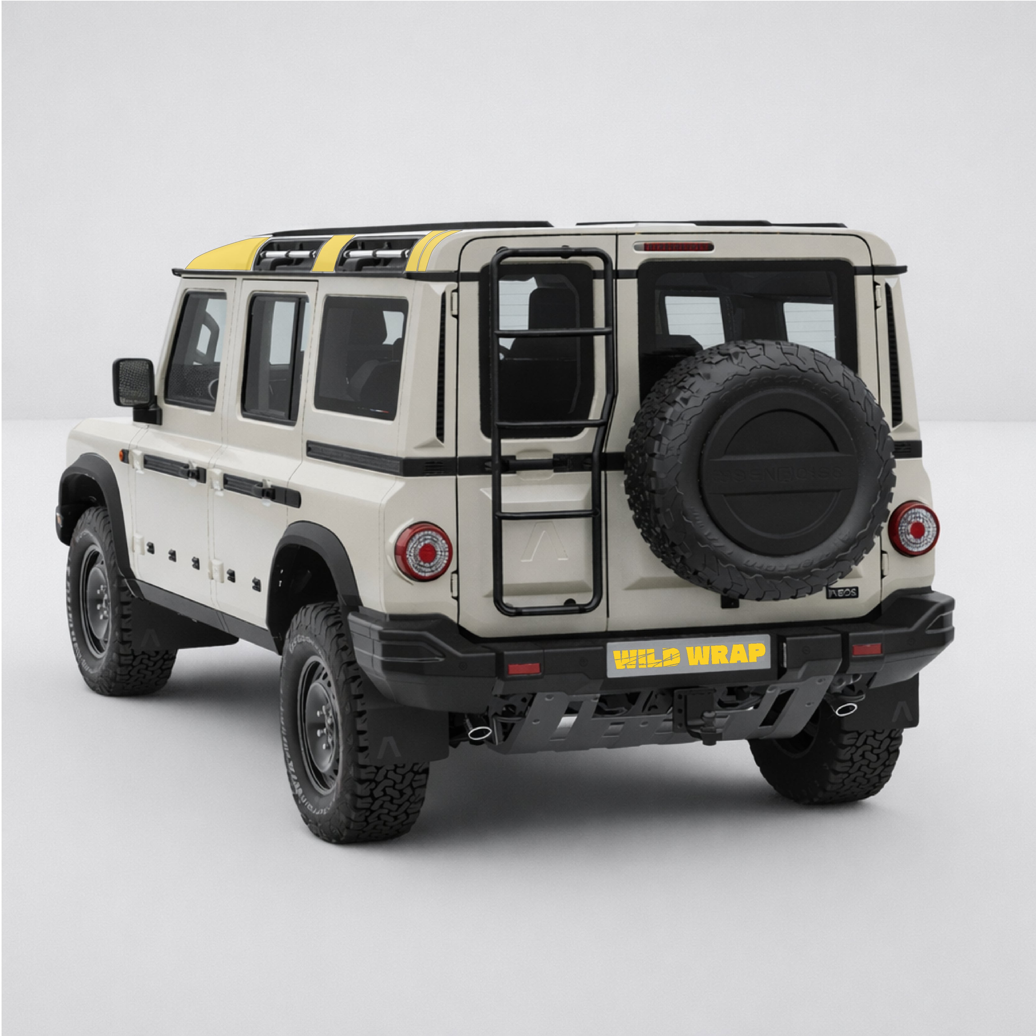 White ineos grenadier with WildWrap DIY paint protection film roof line kit coverage shown in yellow overlay