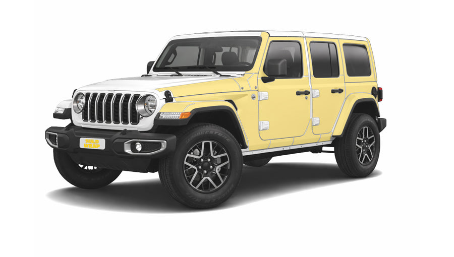Jeep Wrangler JL with WildWrap DIY PPF Full sides kit with flares and canopy coverage shown in yellow overlay
