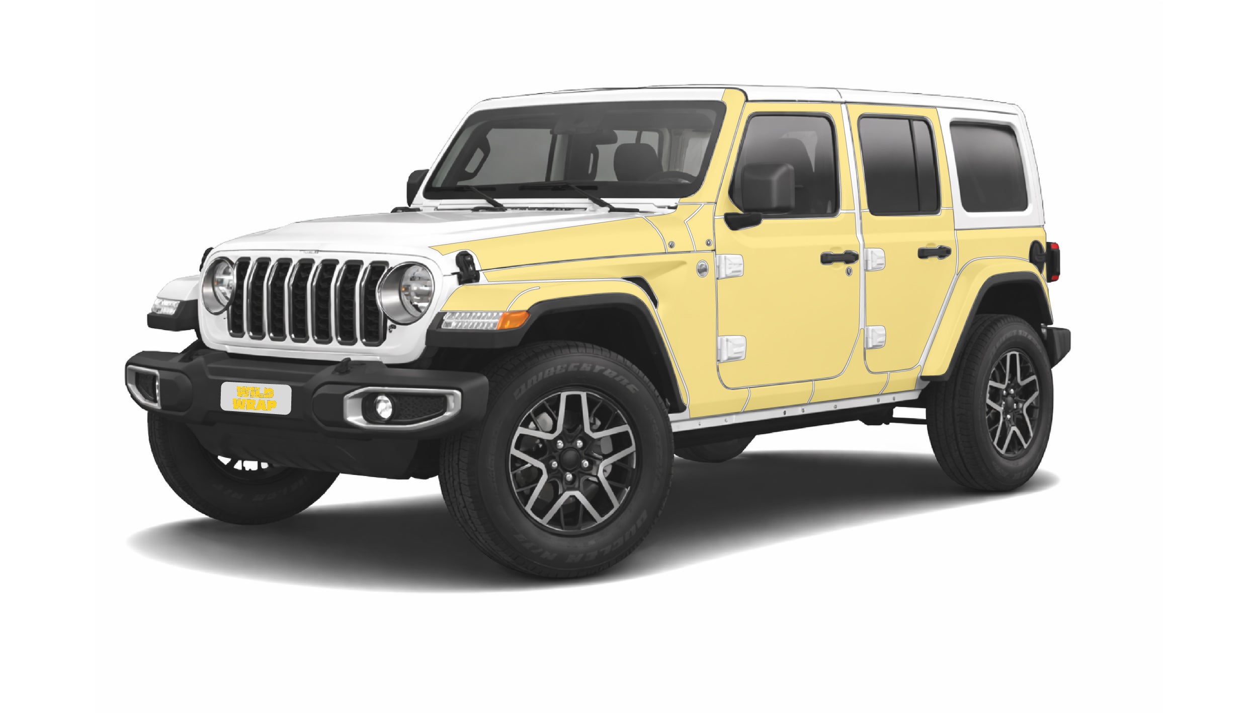 Jeep Wrangler JL with WildWrap DIY PPF Full sides kit with flares coverage shown in yellow overlay