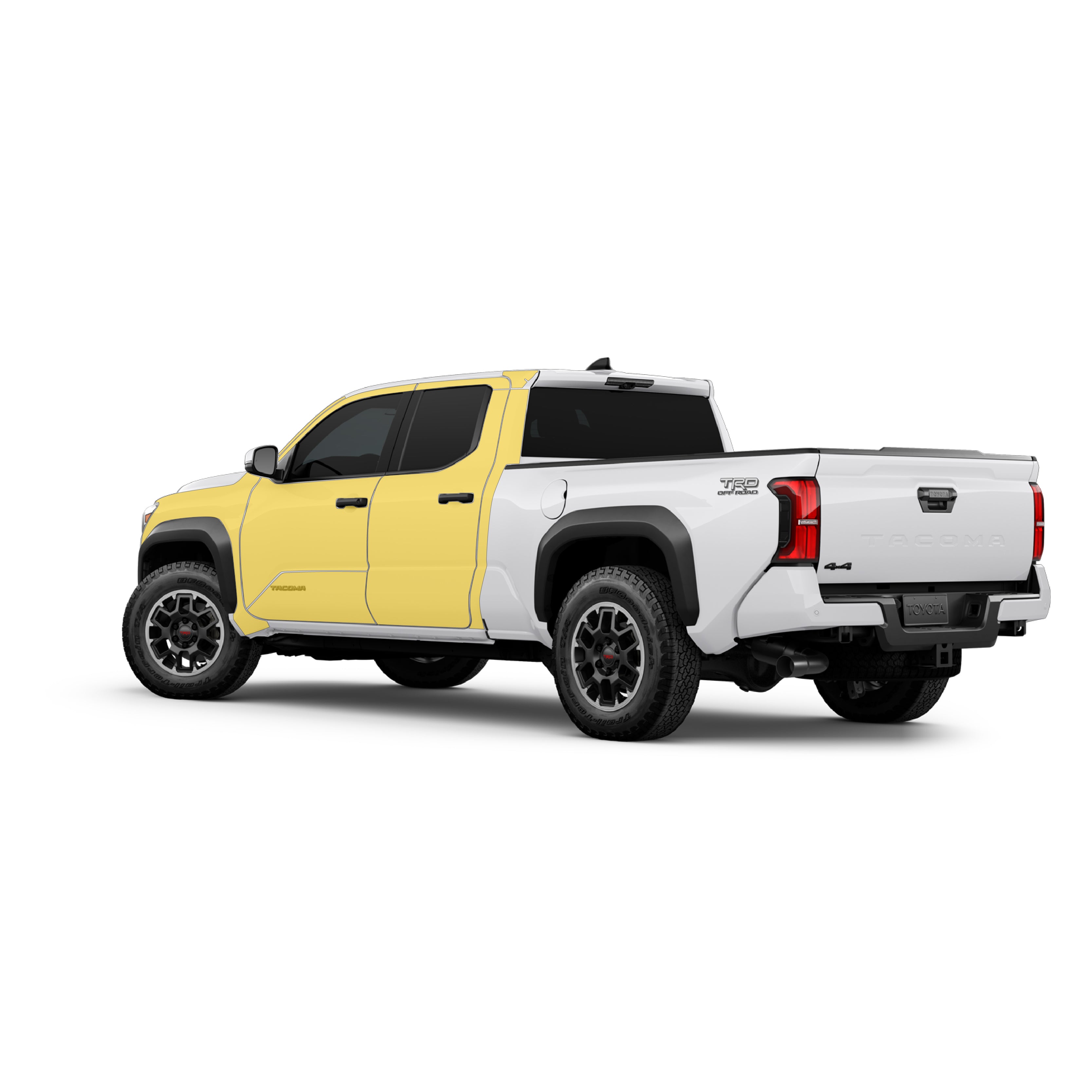 Toyota Tacoma 4th gen rear with WildWrap DIY PPF cab kit coverage shown in yellow overlay
