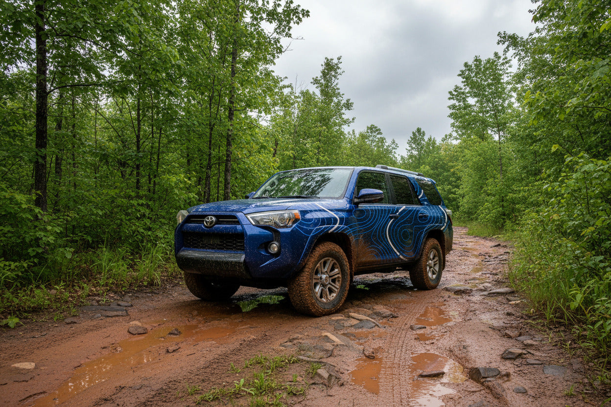 Truck with topographic vinyl decals parked in the forest, overland style