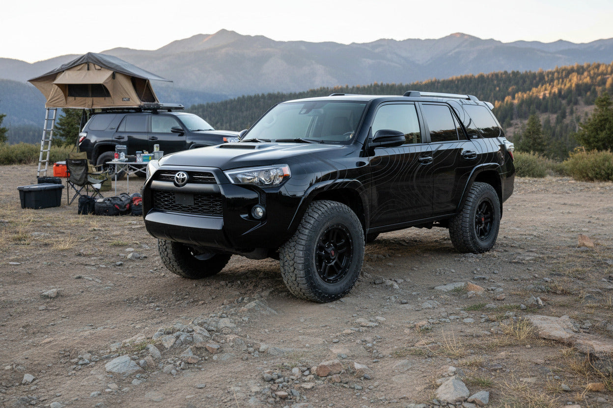 Overland camp scene showing a truck with topographic vinyl decals and topo lines