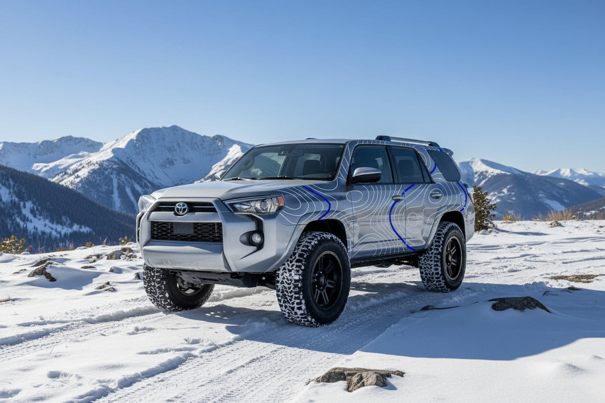 Truck on a snowy trail featuring a topographic vinyl decal layout in topo lines