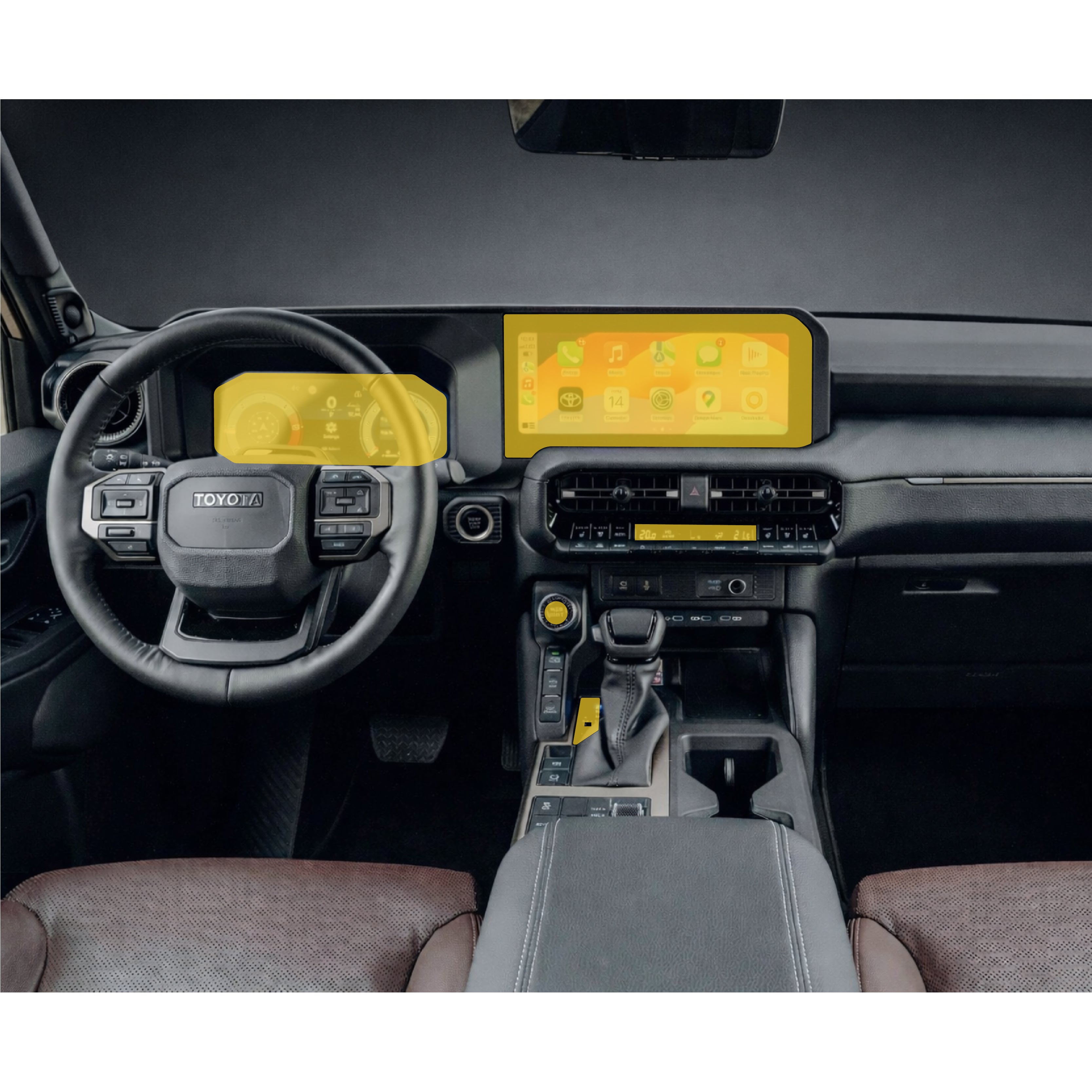 Toyota land cruiser 250 prado with WildWrap DIY PPF screens interior coverage shown in yellow overlay