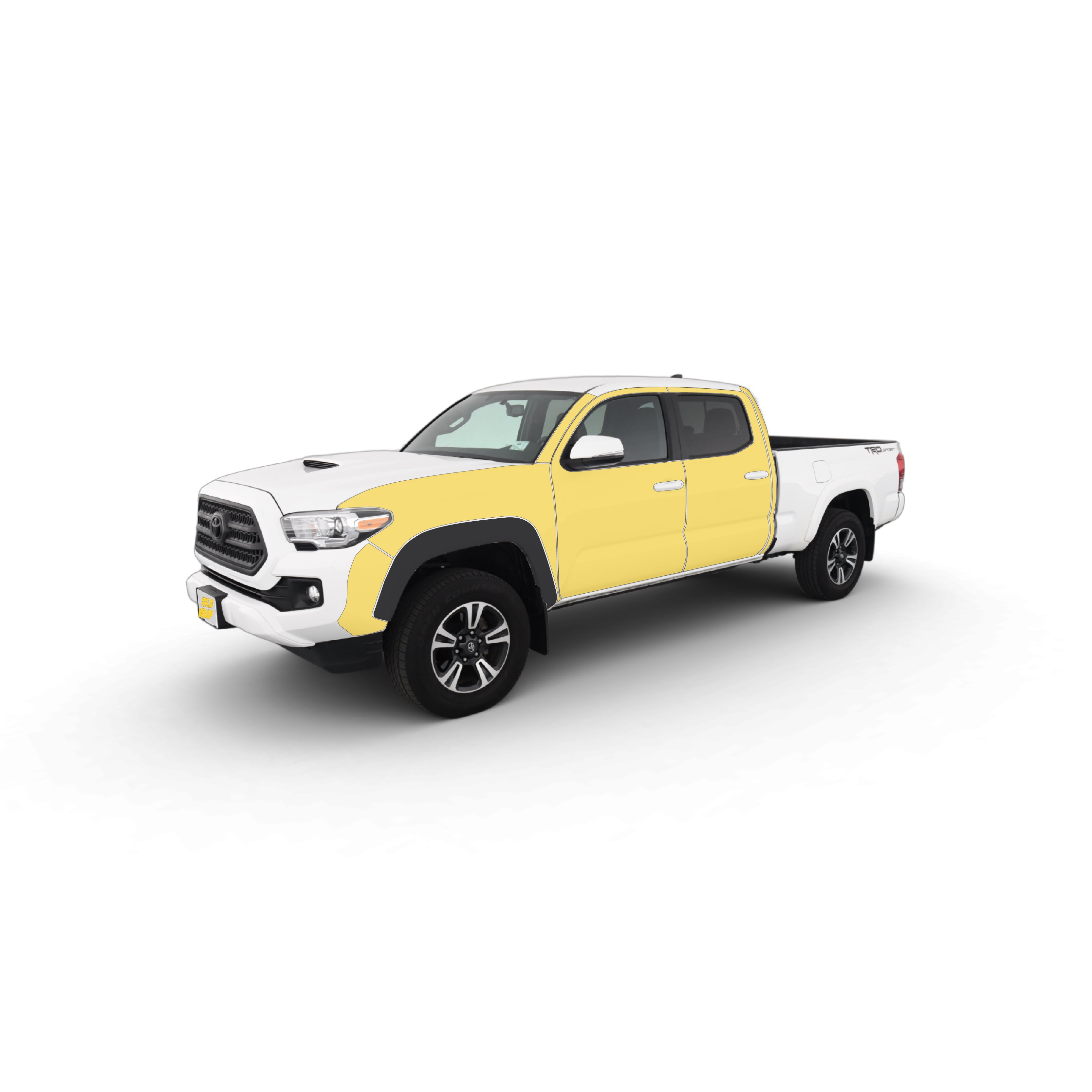 Toyota Tacoma 3rd gen with WildWrap DIY PPF cab kit coverage shown in yellow overlay