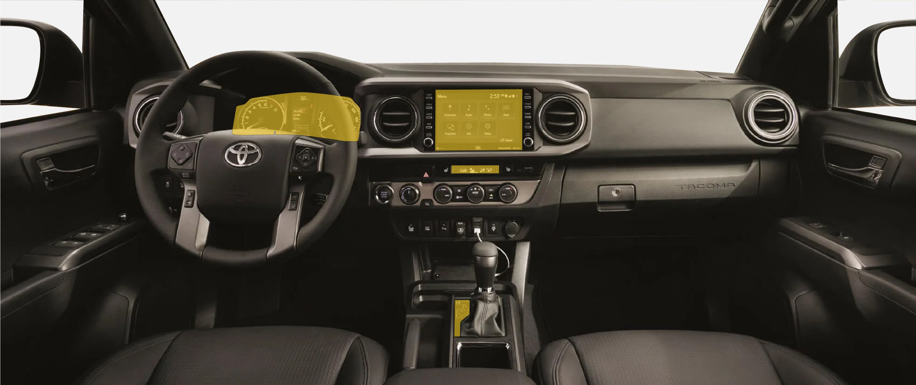 Toyota Tacoma 3rd gen with WildWrap DIY PPF interior screens coverage shown in yellow overlay