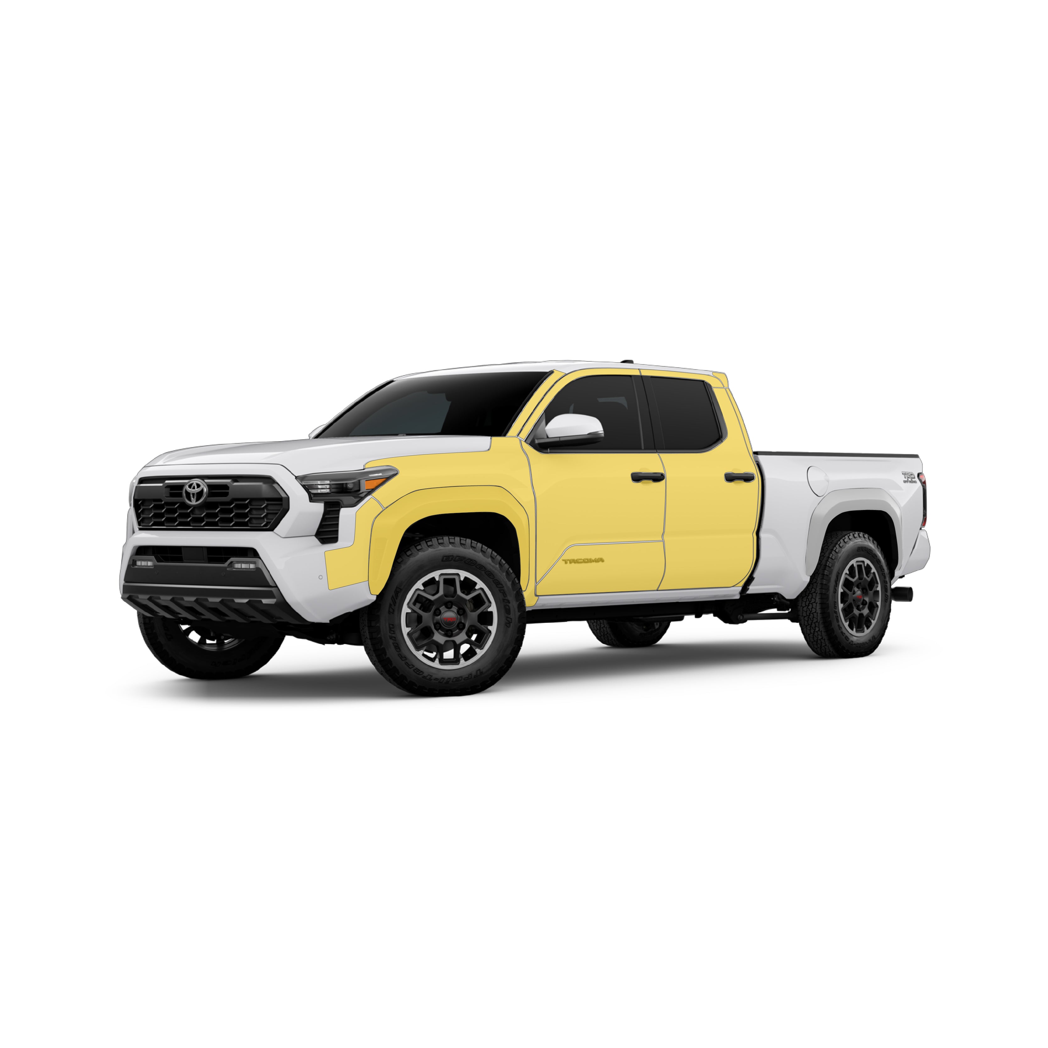 Toyota Tacoma 4th gen with WildWrap DIY PPF cab with flares kit coverage shown in yellow overlay