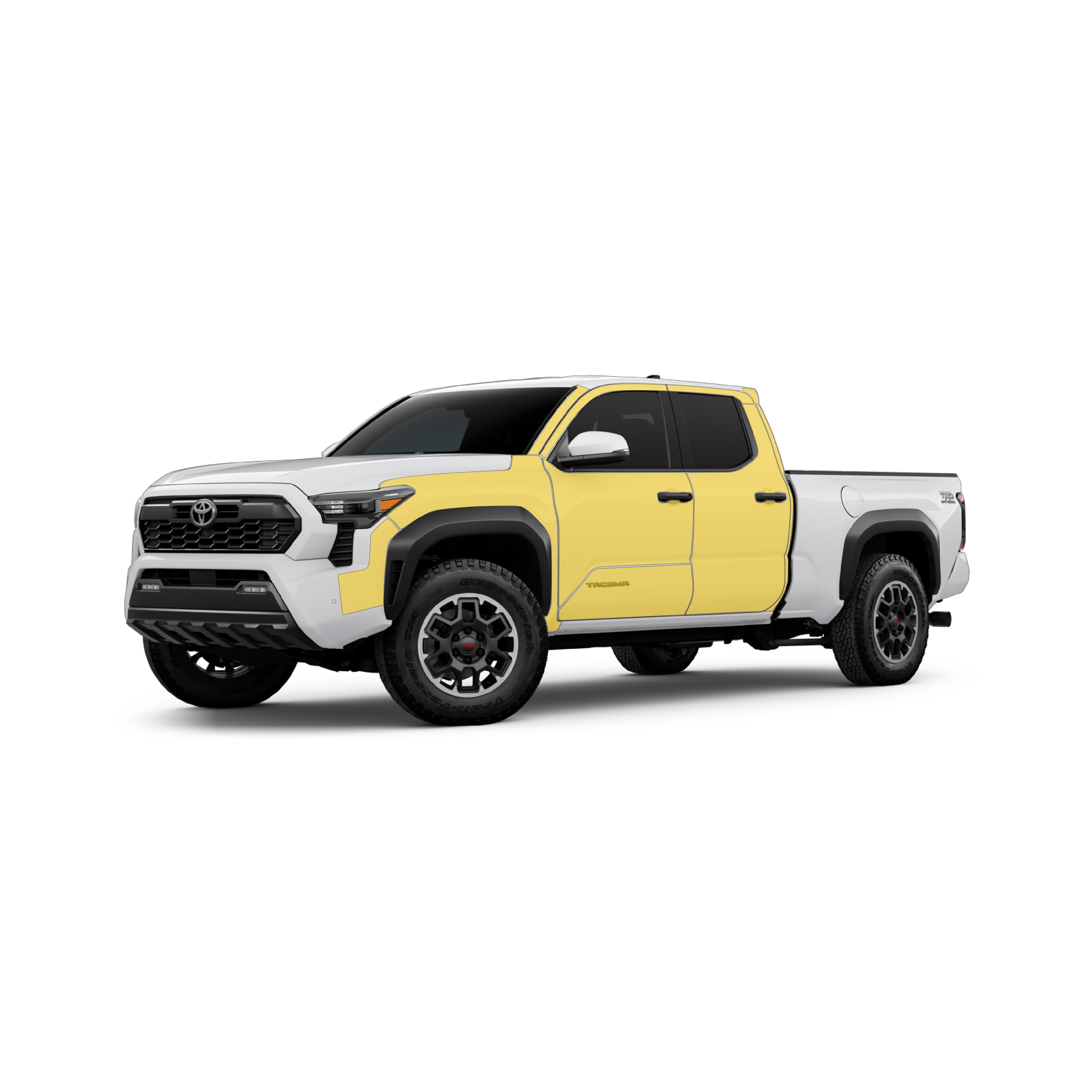 Toyota Tacoma 4th gen with WildWrap DIY PPF cab kit coverage shown in yellow overlay