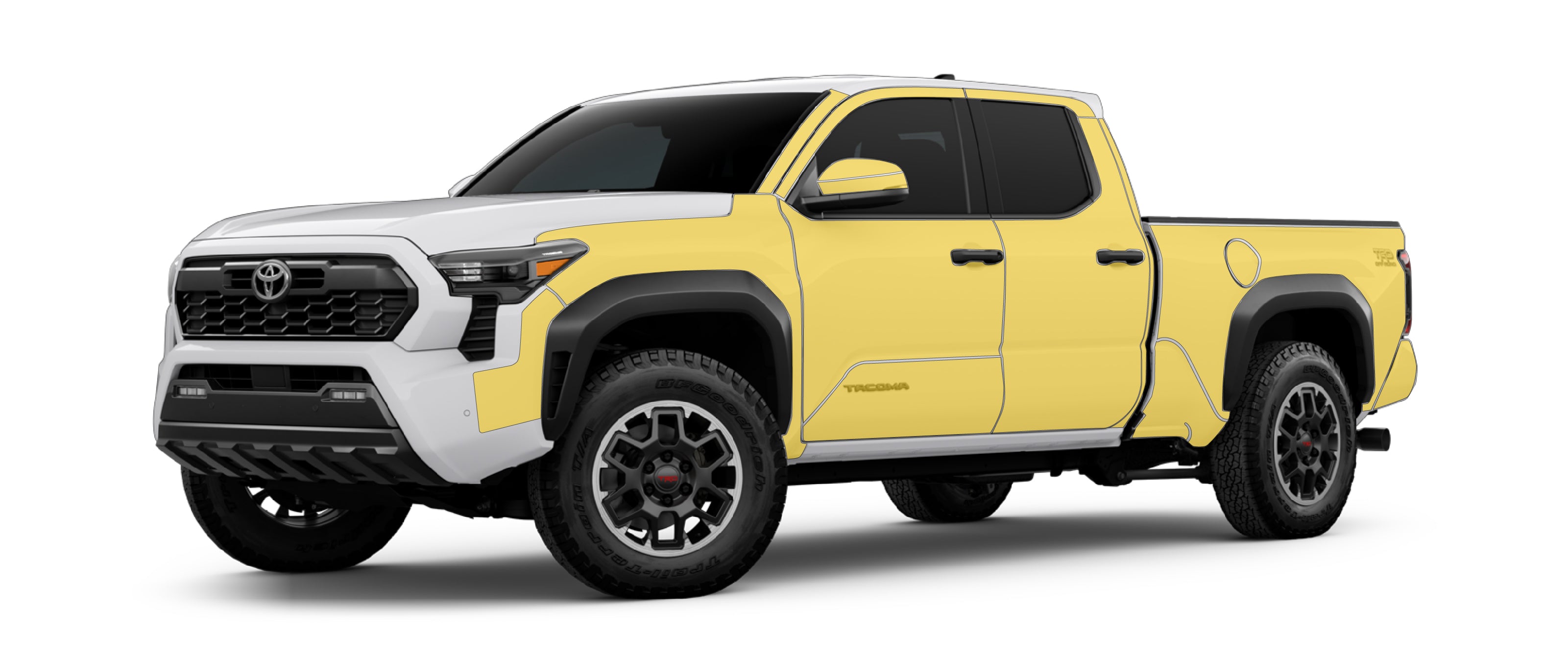 Toyota Tacoma 4th gen with WildWrap DIY PPF sides coverage shown in yellow overlay