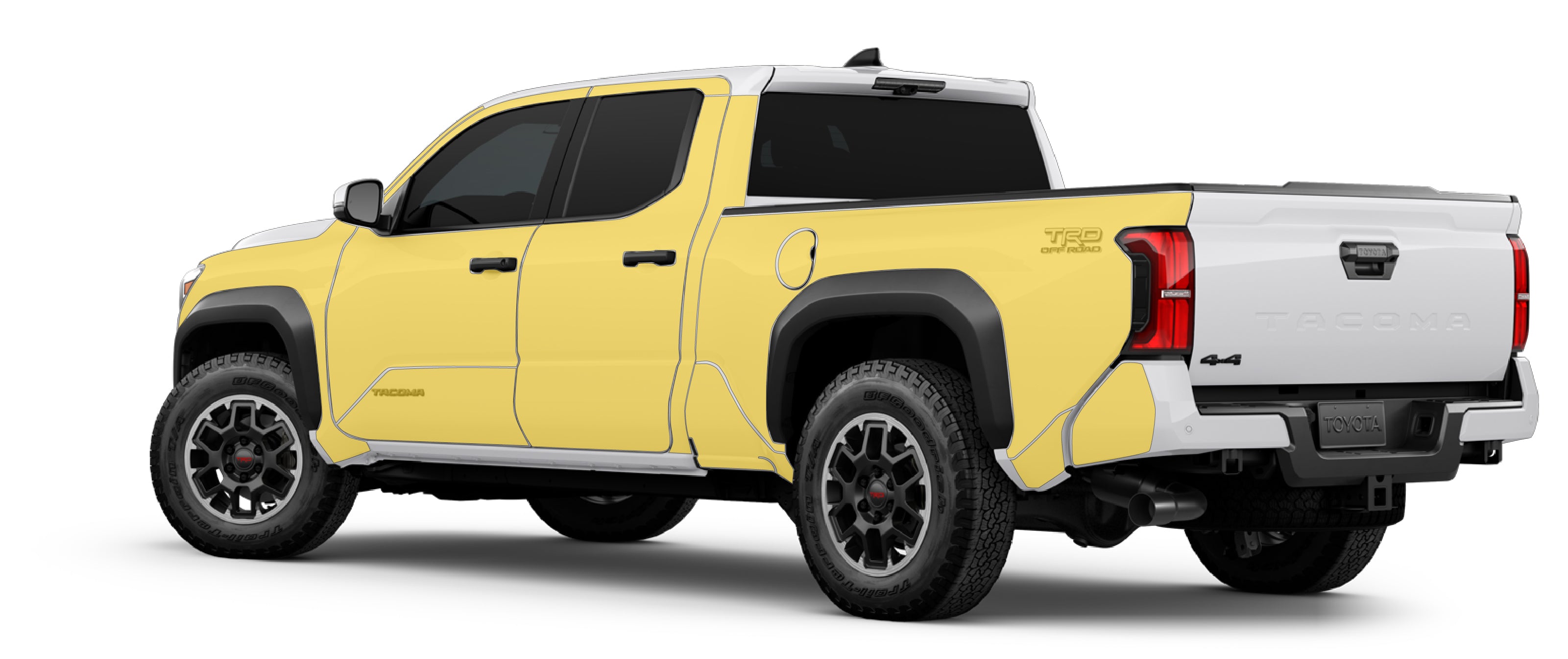 Toyota Tacoma 4th gen rear with WildWrap DIY PPF sides coverage shown in yellow overlay