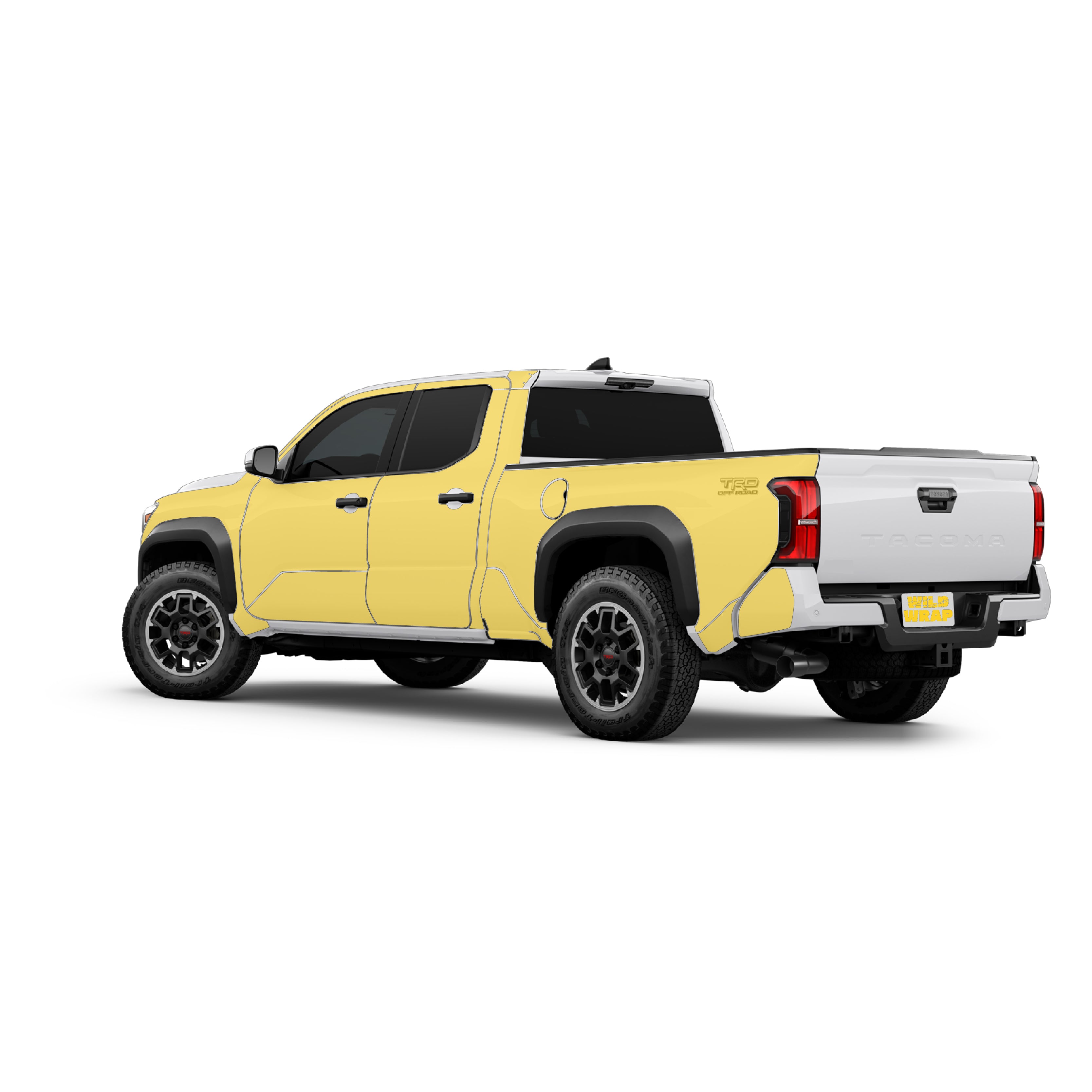 Toyota Tacoma 4th gen with WildWrap DIY PPF sides coverage shown in yellow overlay