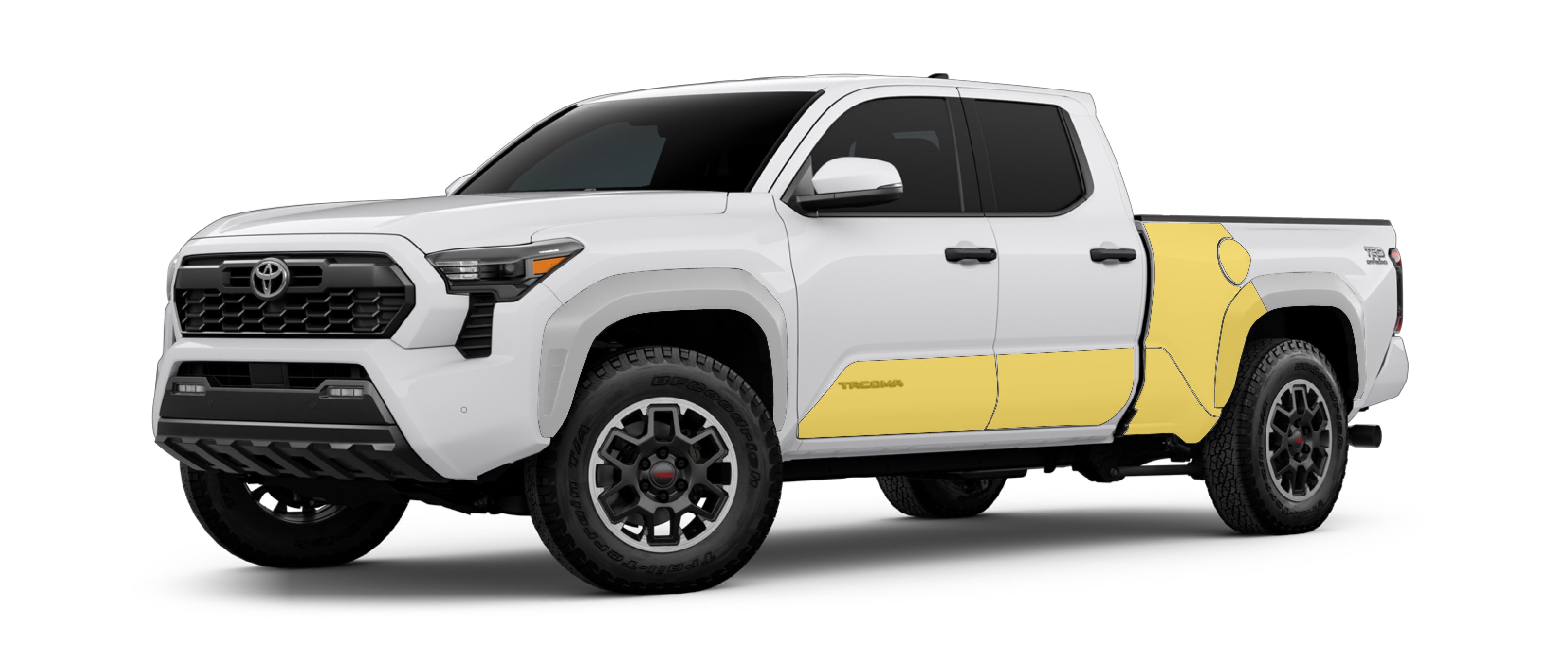 Toyota Tacoma 4th gen long bed with WildWrap DIY PPF rocker kit coverage shown in yellow overlay