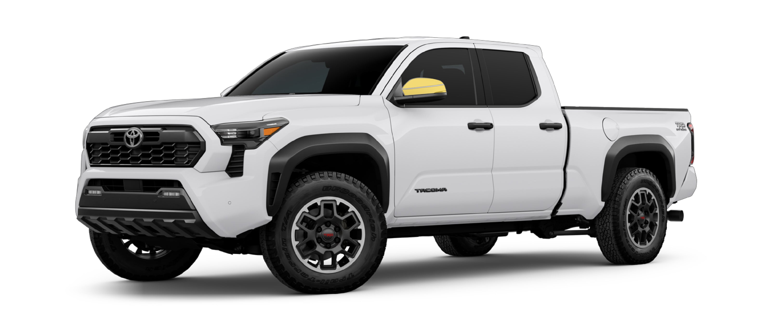 Toyota Tacoma 4th gen with WildWrap DIY PPF mirrors kit coverage shown in yellow overlay