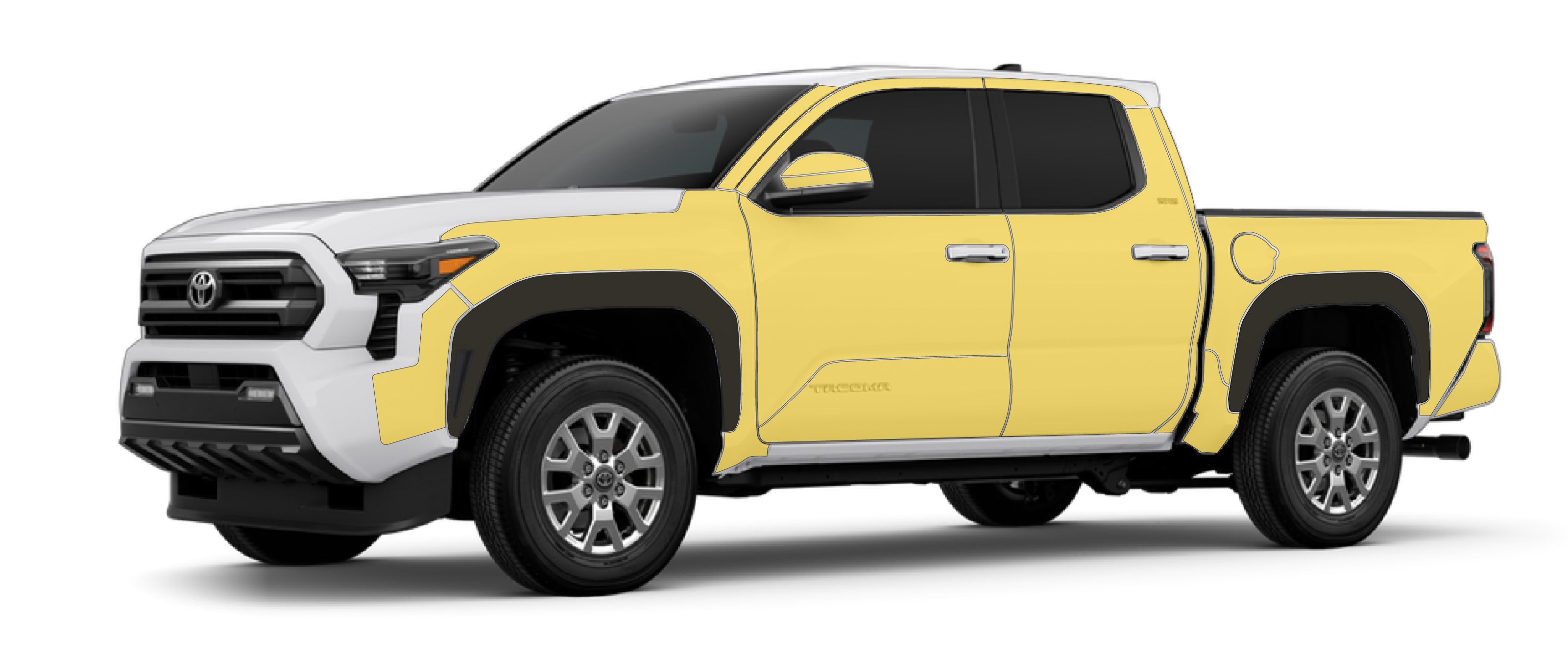 Toyota Tacoma 4th gen short with WildWrap DIY PPF sides coverage shown in yellow overlay