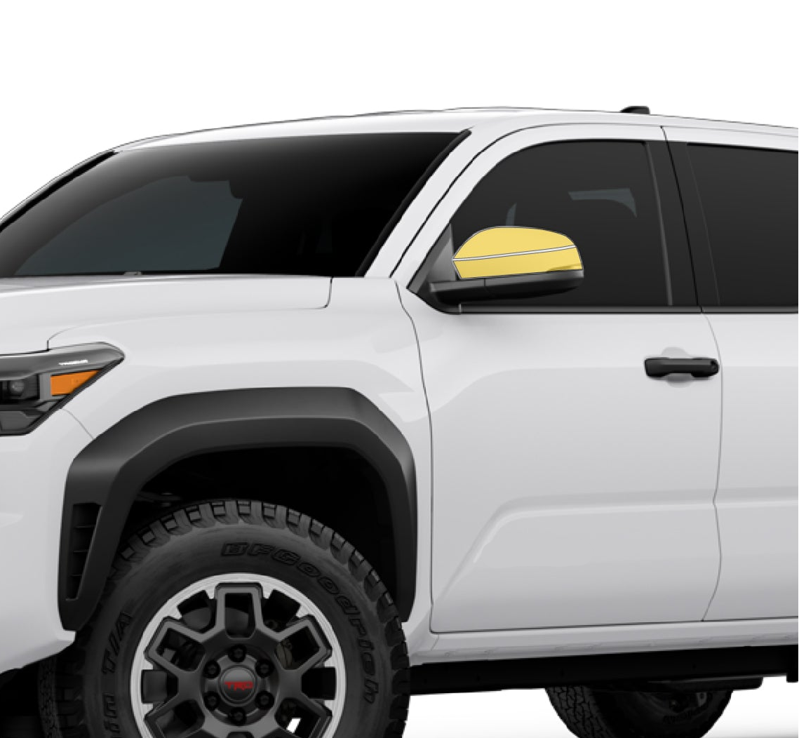 Toyota Tacoma 4th gen with WildWrap DIY PPF mirrors kit coverage shown in yellow overlay