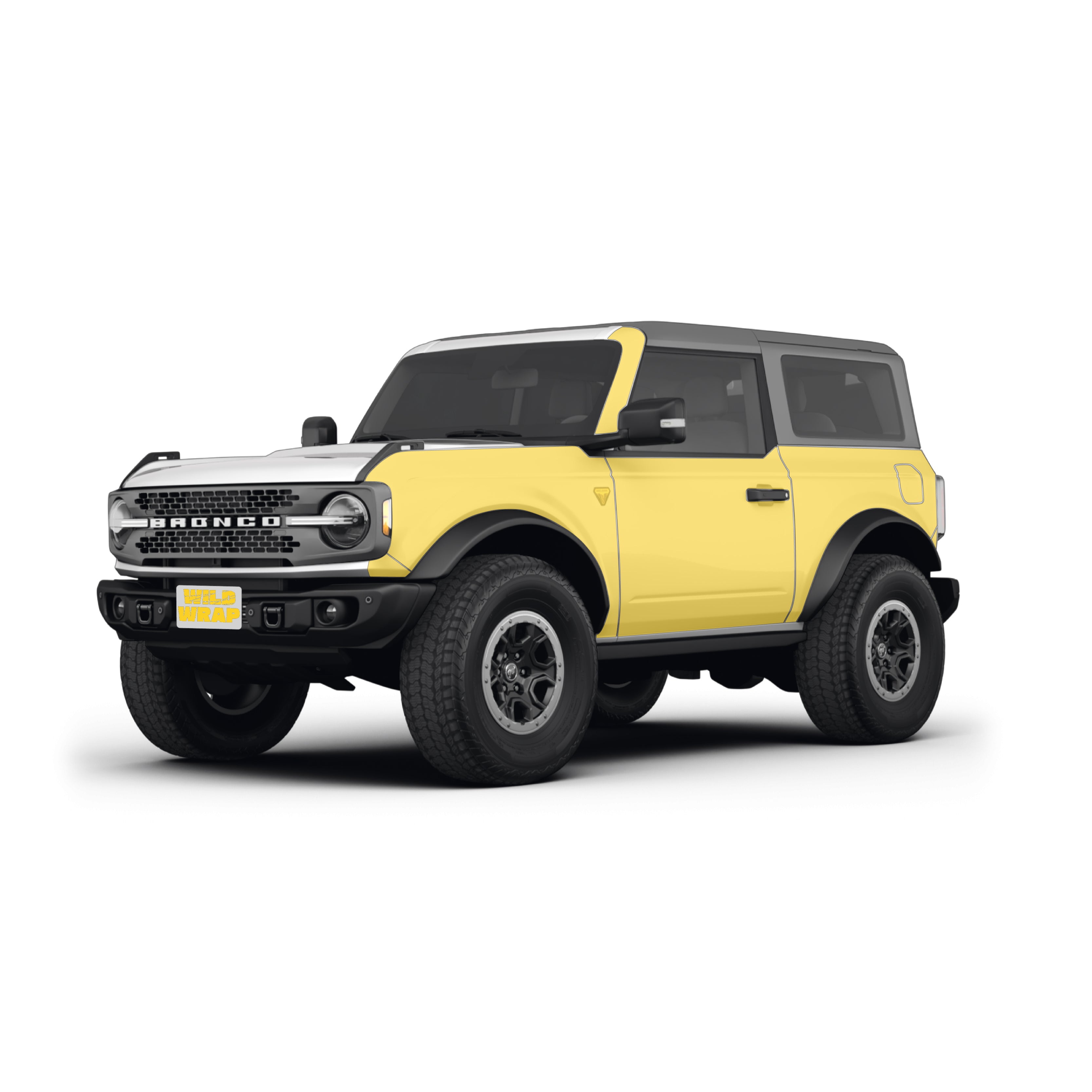 Ford Bronco 6th gen 2 doors front view  with WildWrap DIY PPF full sides coverage shown in yellow overlay
wildwrap-Ford-Bronco-6th-gen-2doors-fill-sides-ppf-coverage-yellow-overlay-front-view