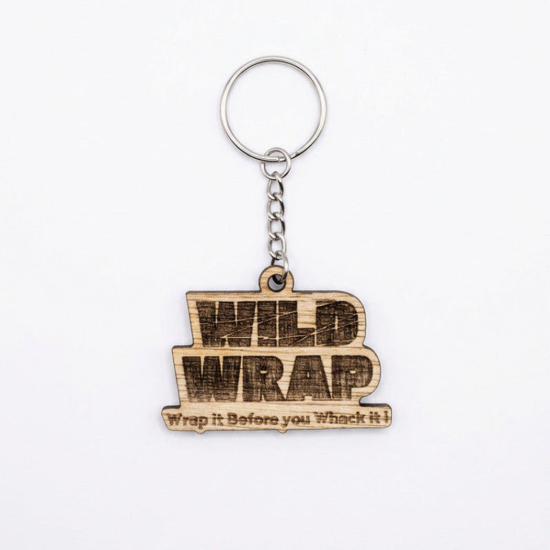 Wild Wrap mahogany wood logo keychain with key ring on a white background