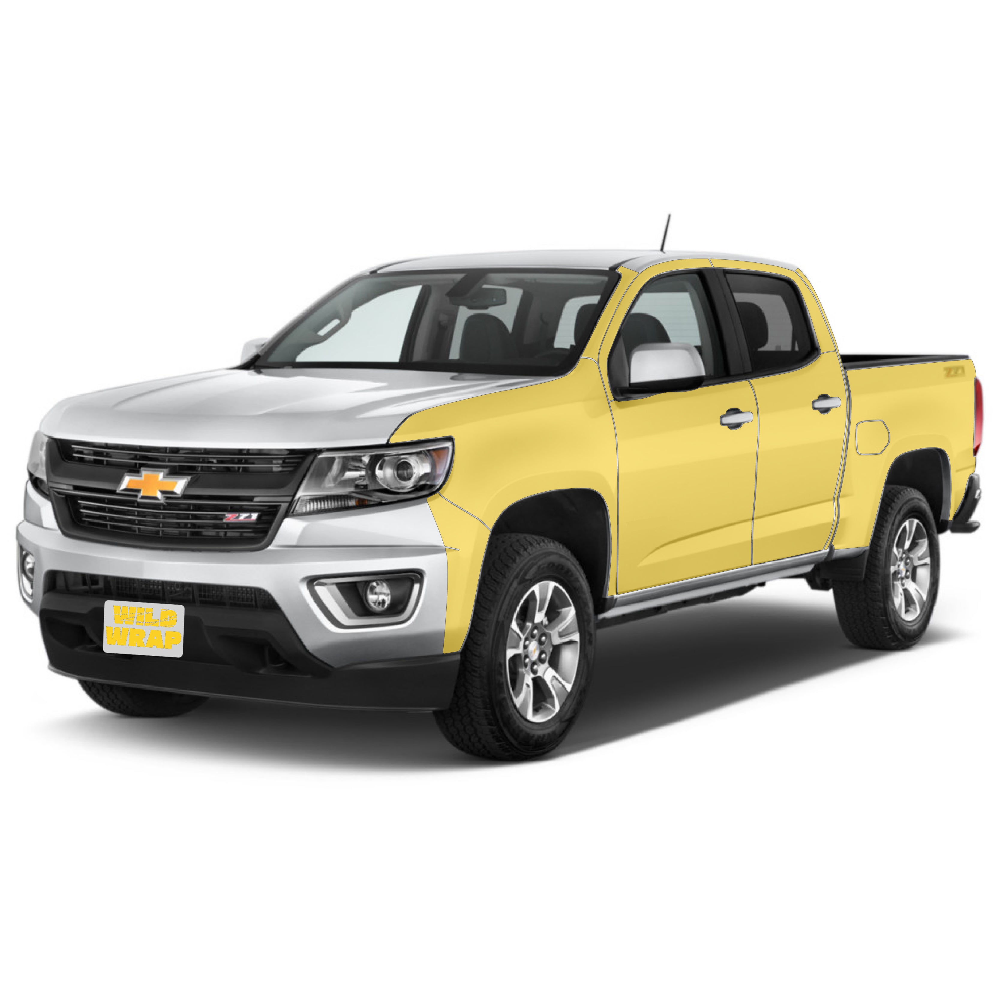 Chevrolet colorado 2nd gen front view with WildWrap DIY PPF full sides coverage shown in yellow overlay

