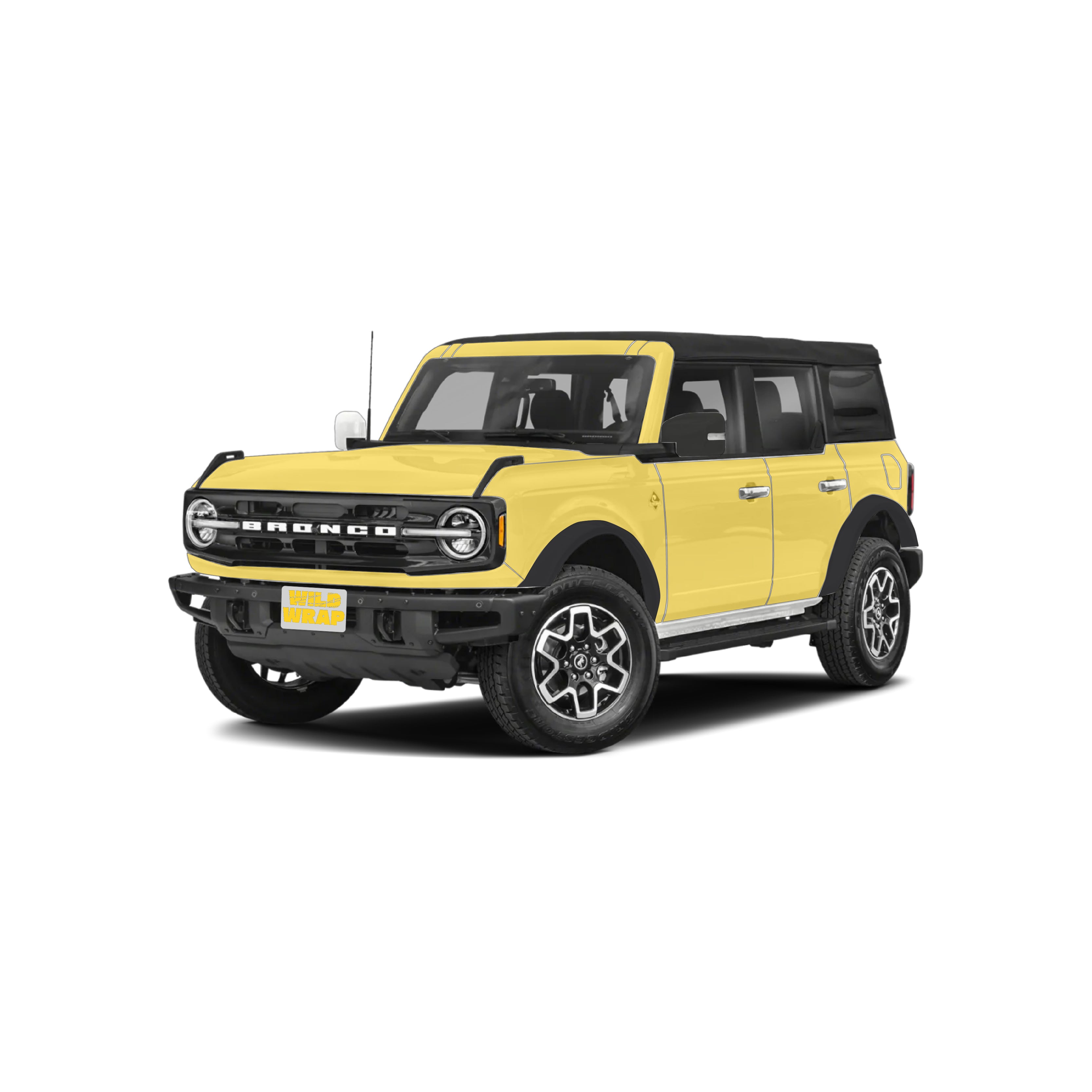 ford Bronco 4 doors with WildWrap DIY PPF Matte coverage shown in yellow overlay
