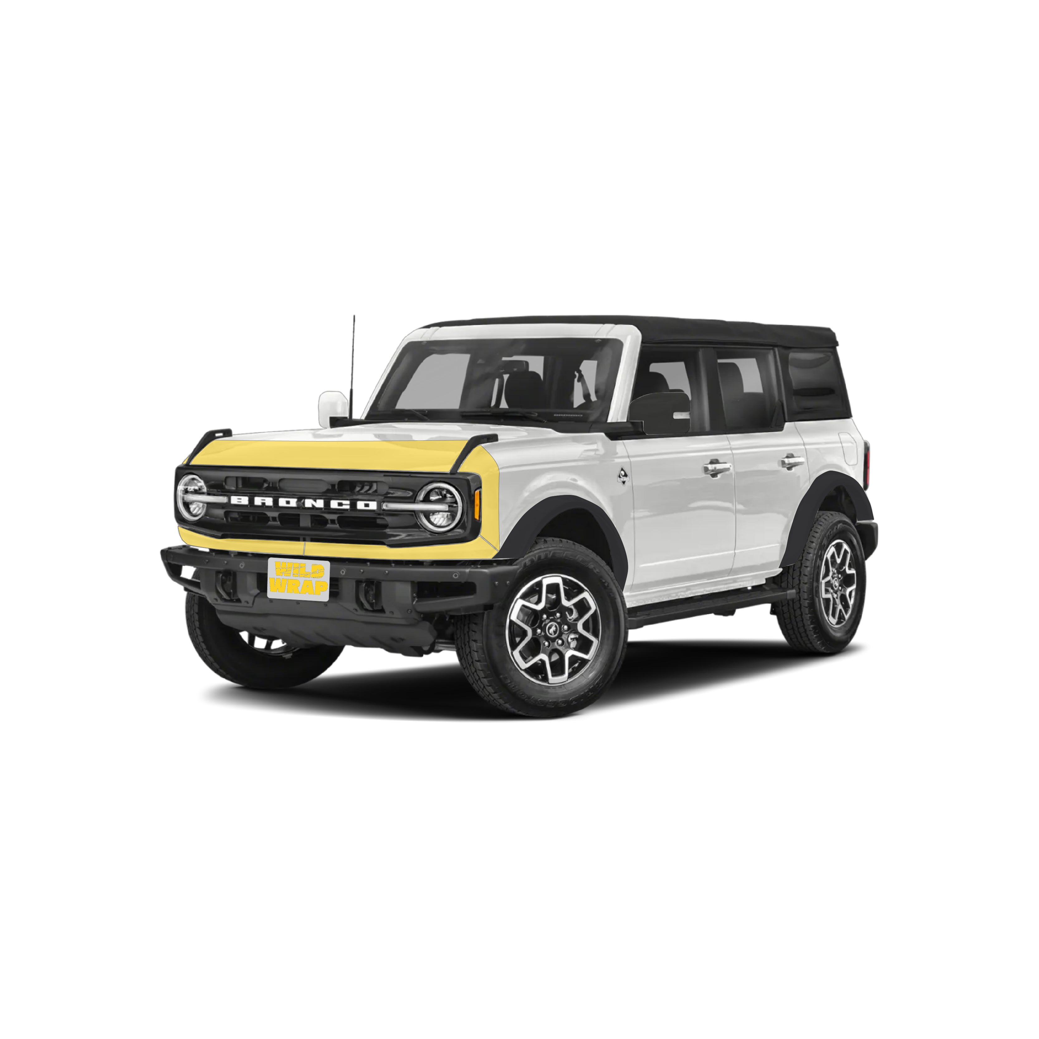 Ford Bronco 6th gen 2 and 4 doors front view with WildWrap DIY PPF front end coverage shown in yellow overlay