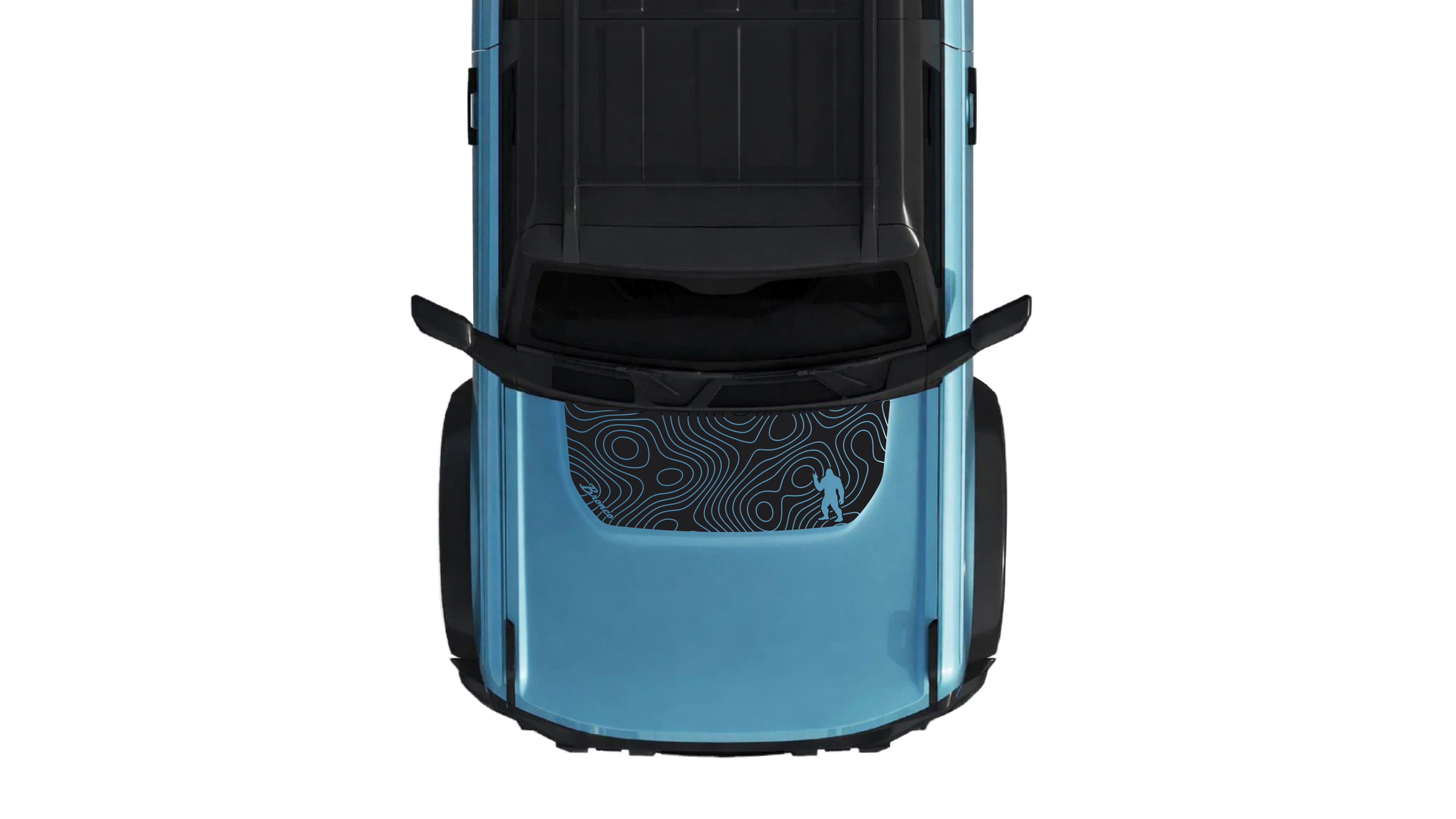Ford Bronco 6th gen gen with WildWrap DIY decal Topography Sasquatch hood anti-glare coverage shown in black
