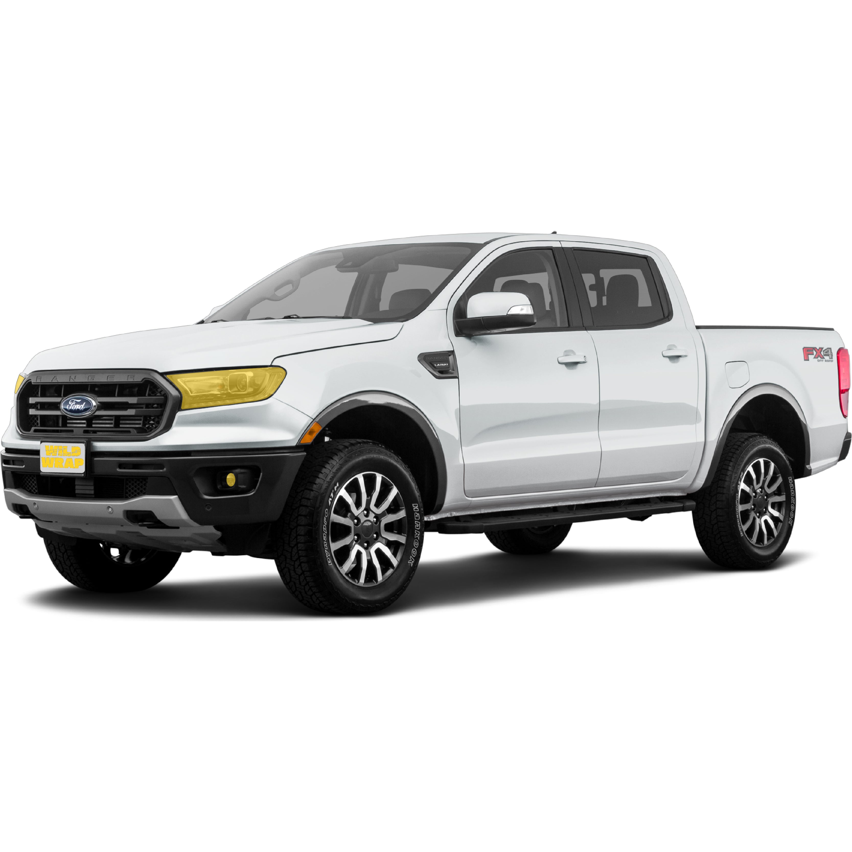 Ford Ranger 4th gen with WildWrap DIY PPF lights coverage shown in yellow overlay
