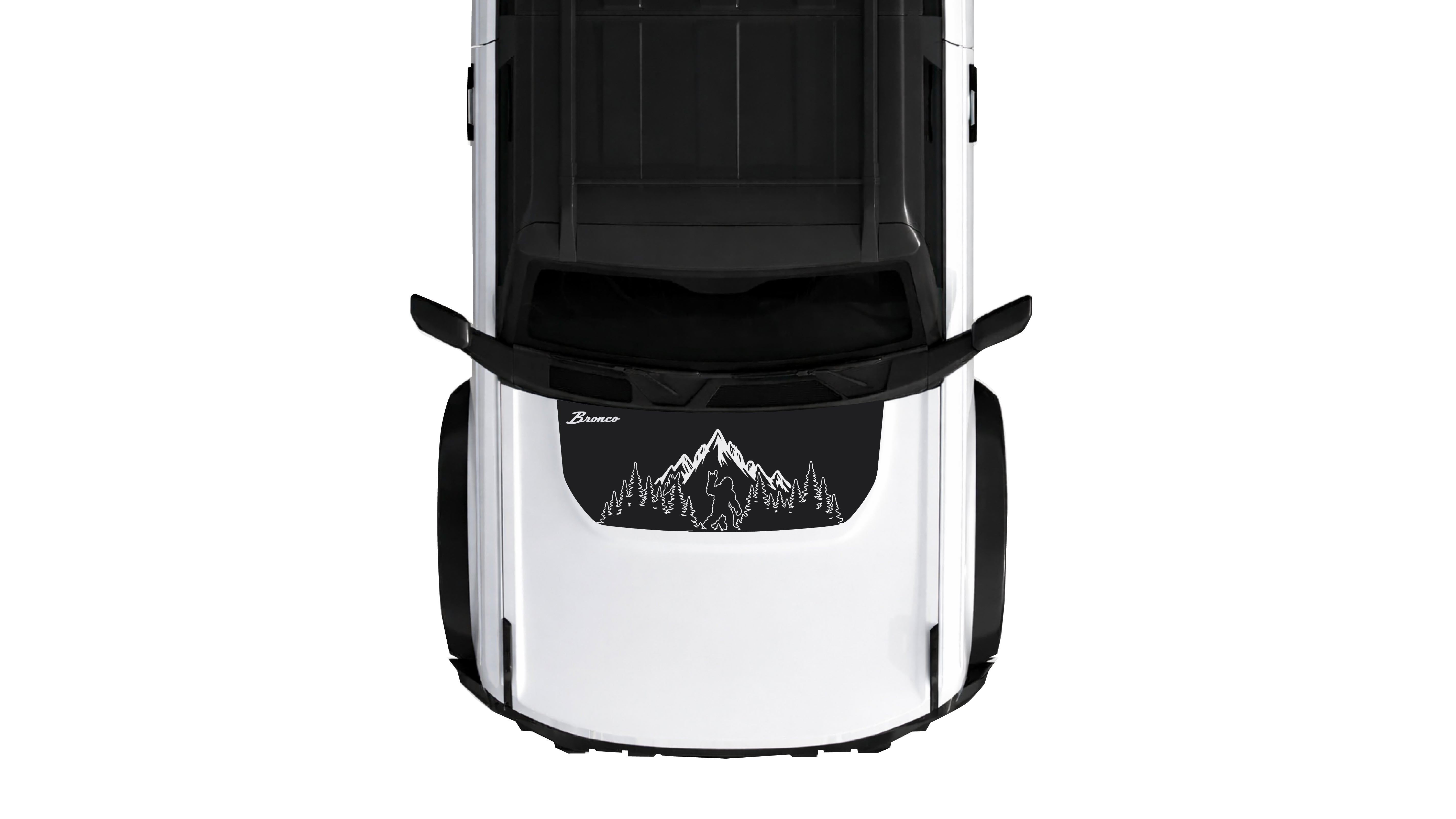 Ford Bronco 6th gen with WildWrap DIY decal Mountain Sasquatch hood anti-glare coverage shown in black
