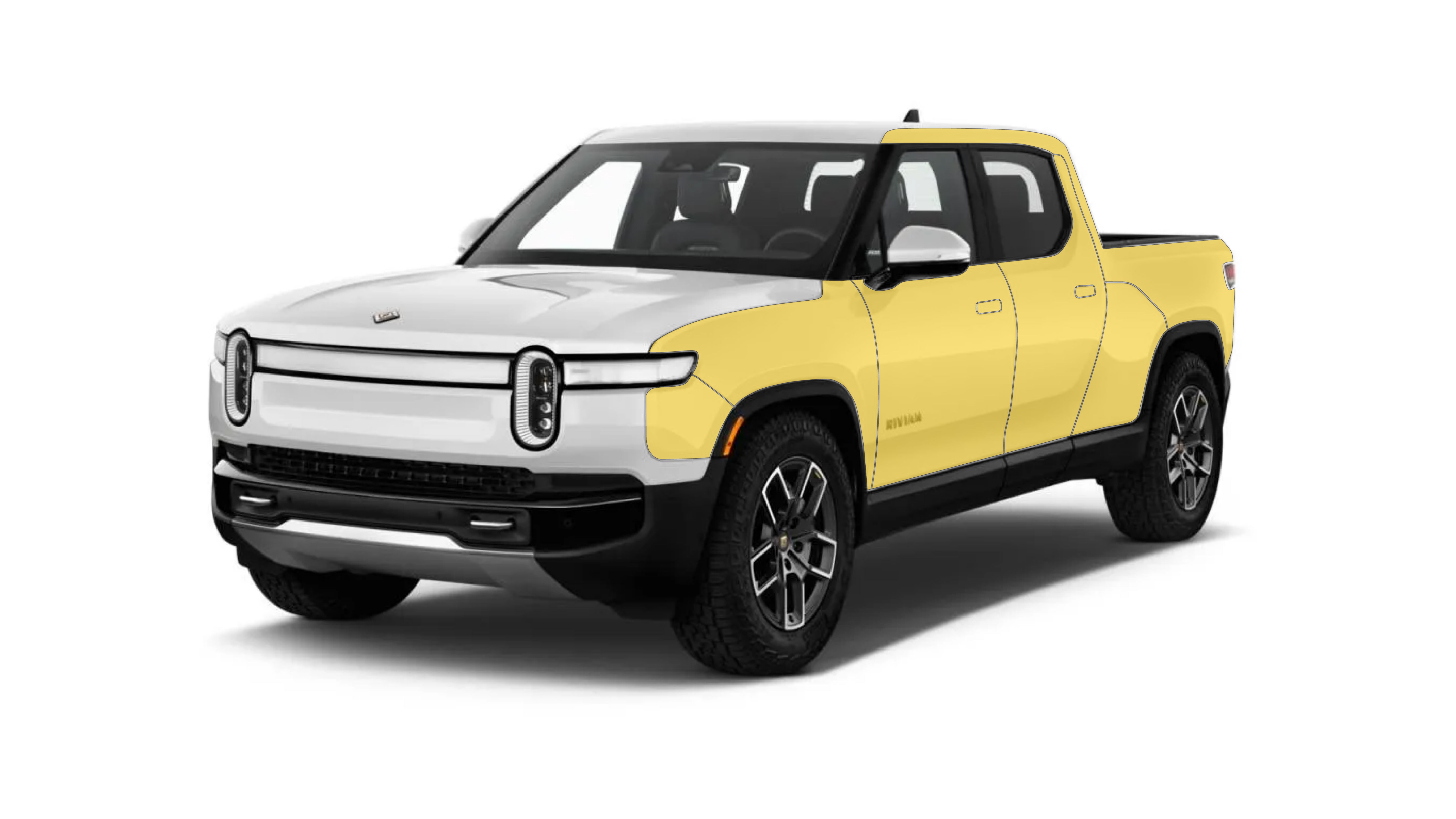 White Rivian R1T truck with WildWrap DIY paint protection film coverage shown in yellow overlay
