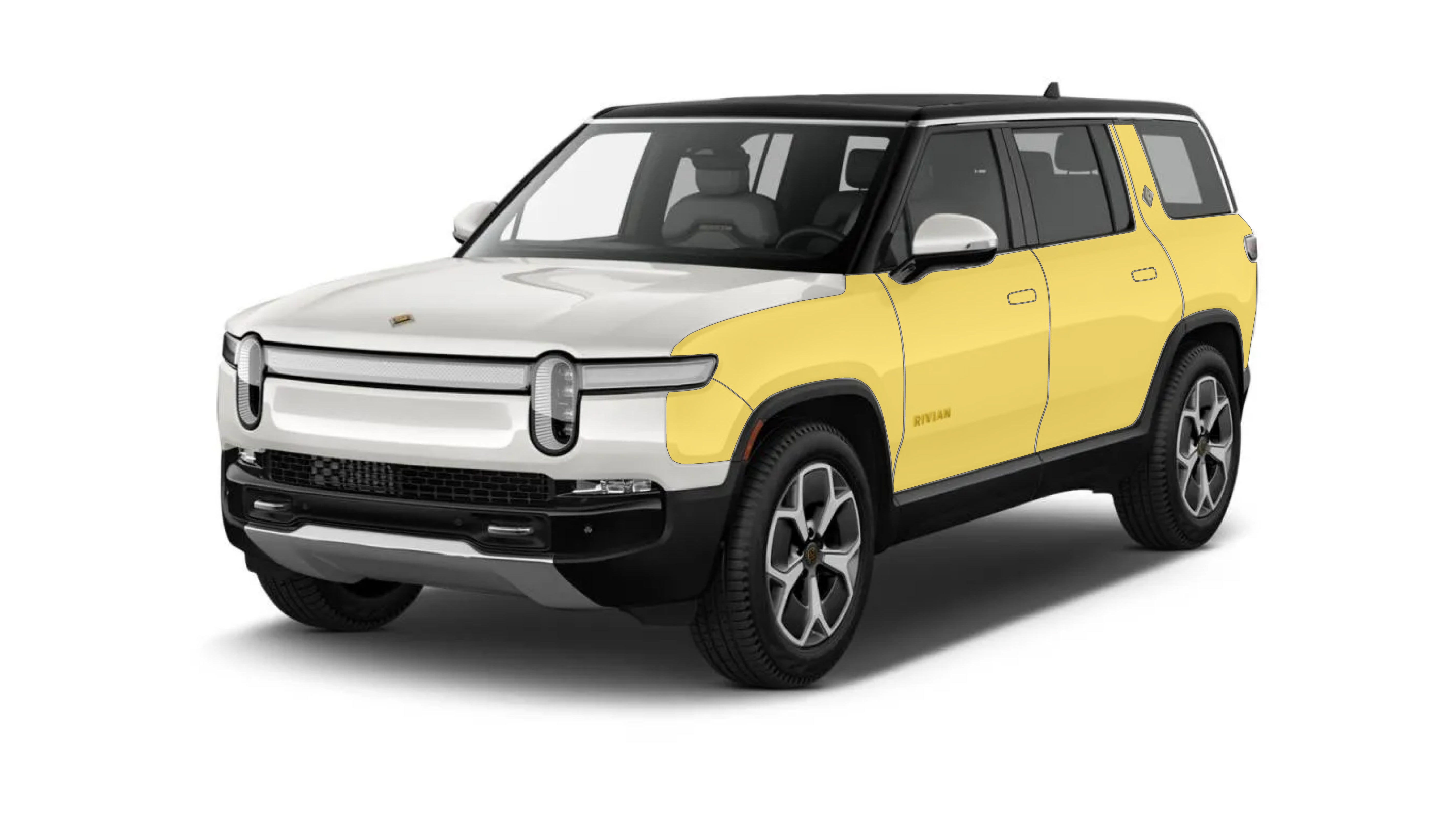 White Rivian R1s Suv with WildWrap DIY paint protection film coverage shown in yellow overlay
