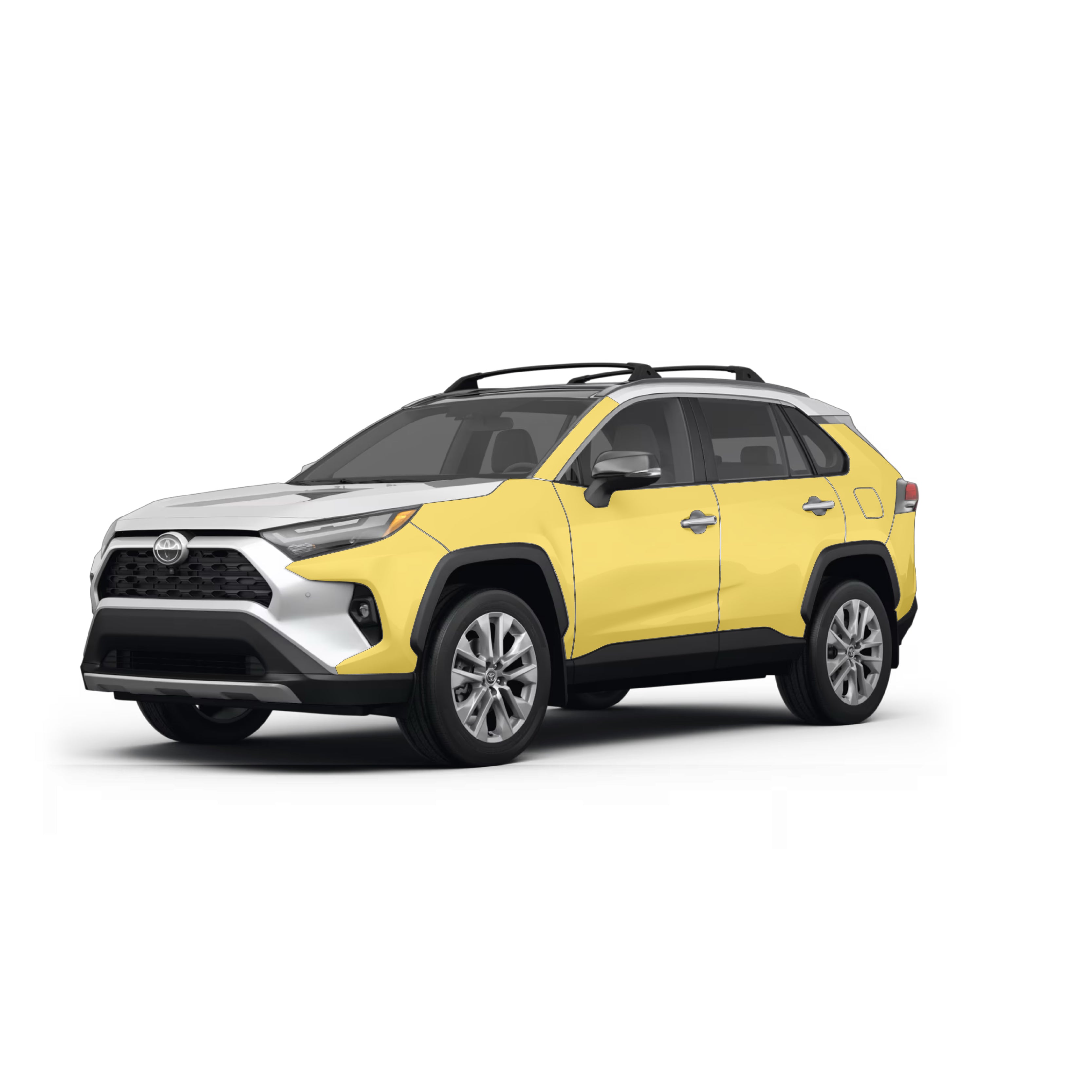 White Toyota Rav4 with WildWrap DIY paint protection film coverage shown in yellow overlay
