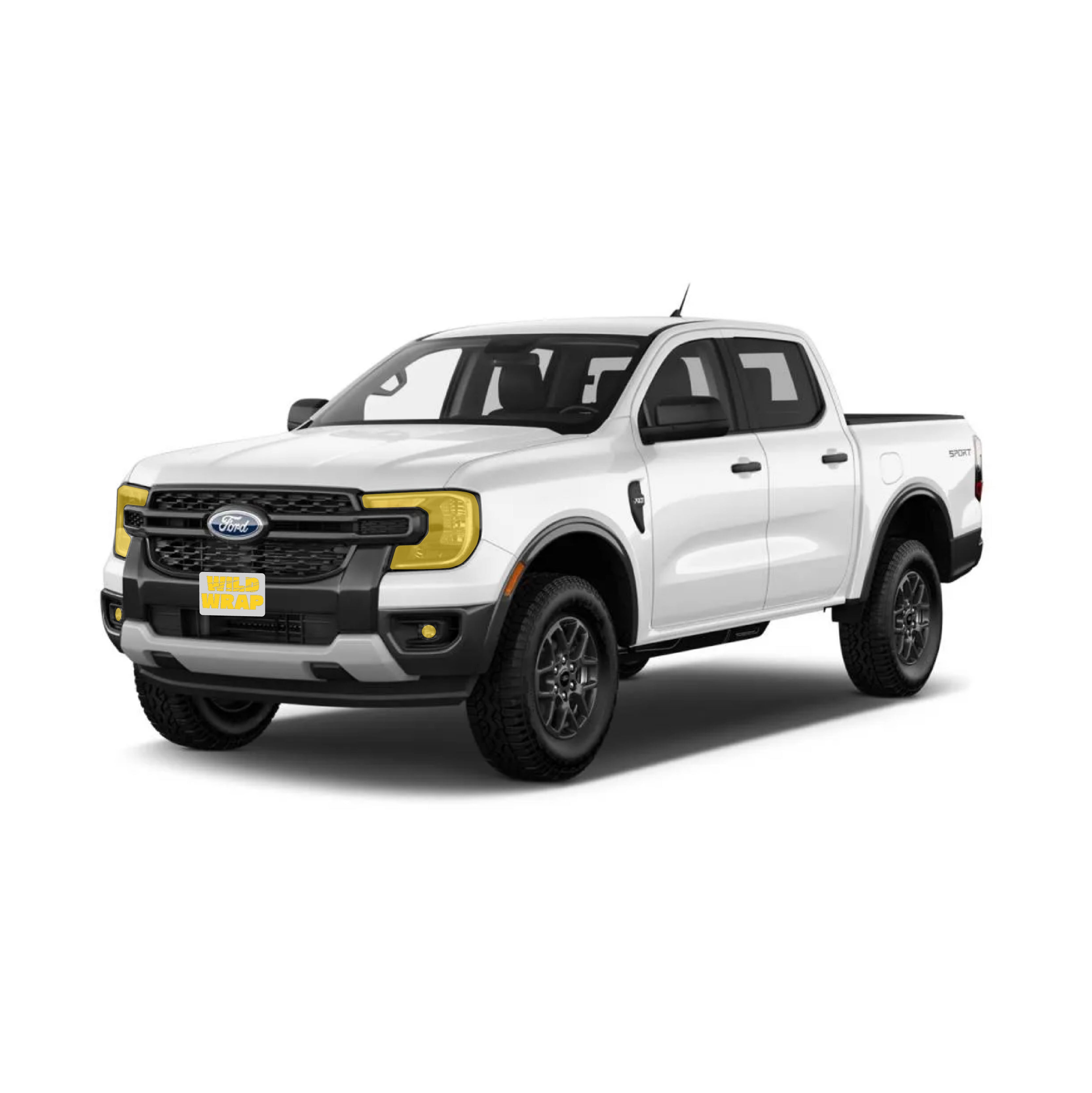 ford ranger 5th gen 2025 with WildWrap DIY PPF lights kit coverage shown in yellow overlay
