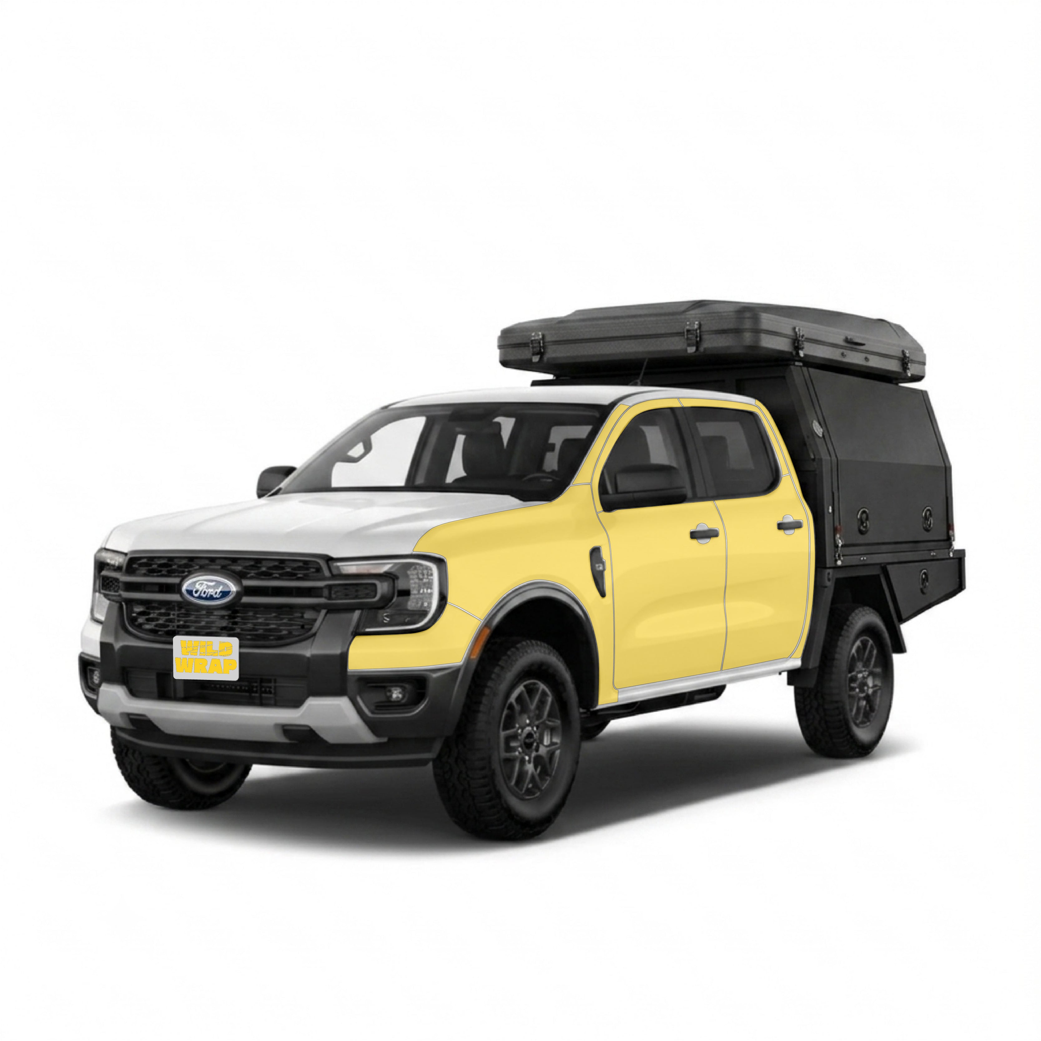 Ford Ranger 5th gen 2025 front view with a ute tray with WildWrap DIY PPF side cab coverage shown in yellow overlay


