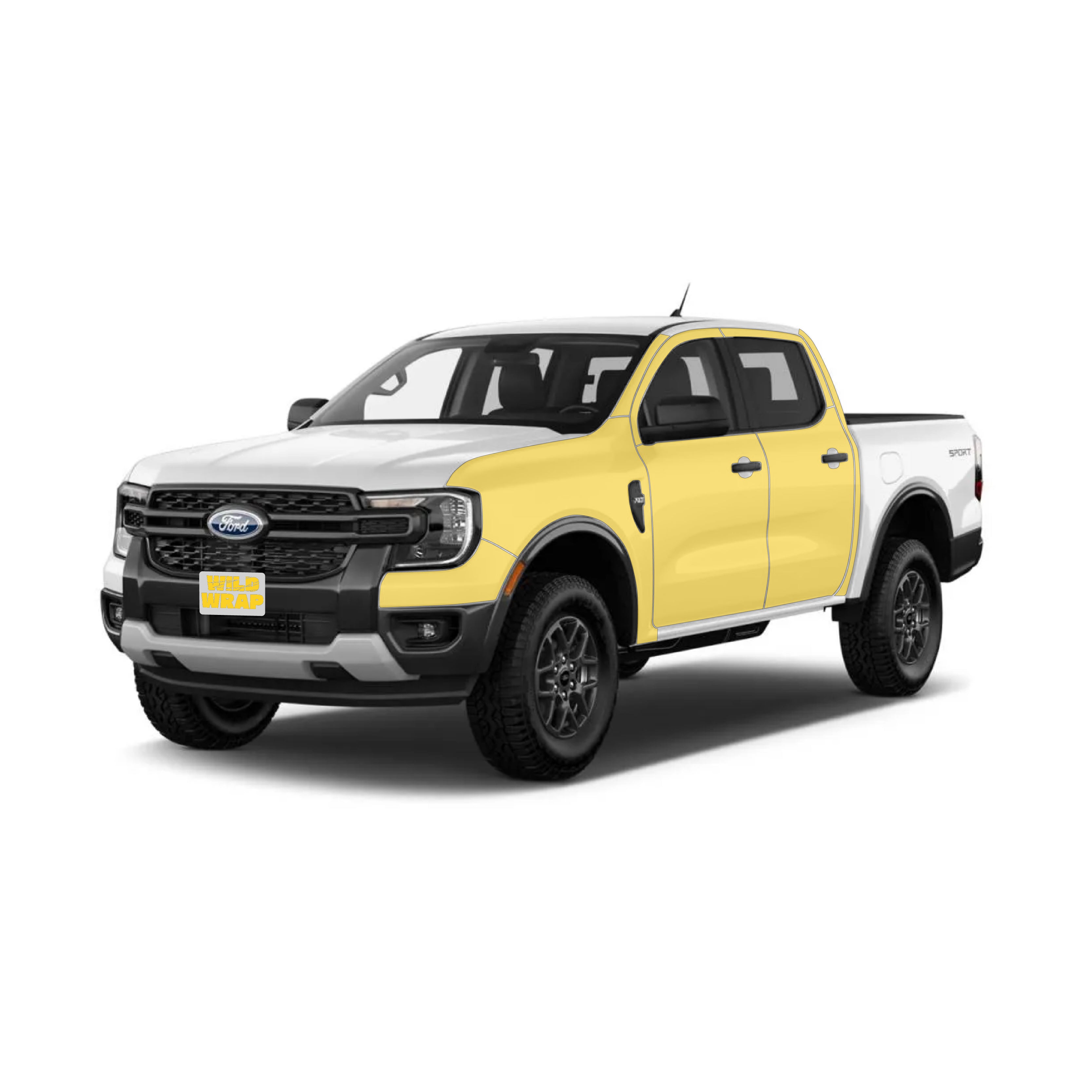 Ford Ranger 5th gen with WildWrap DIY PPF sides cab kit coverage shown in yellow overlay
