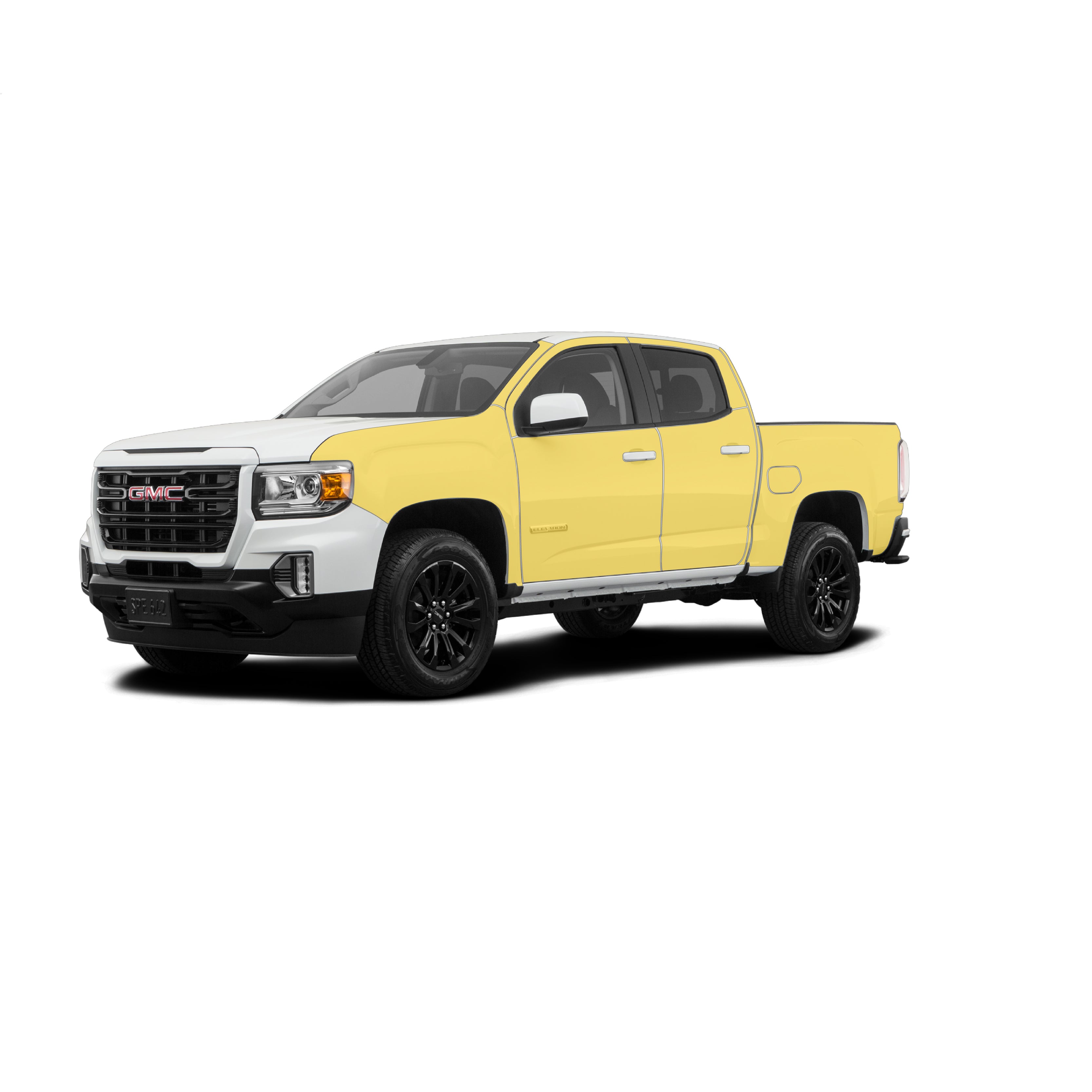 White GMC Canyon with WildWrap DIY paint protection film coverage shown in yellow overlay