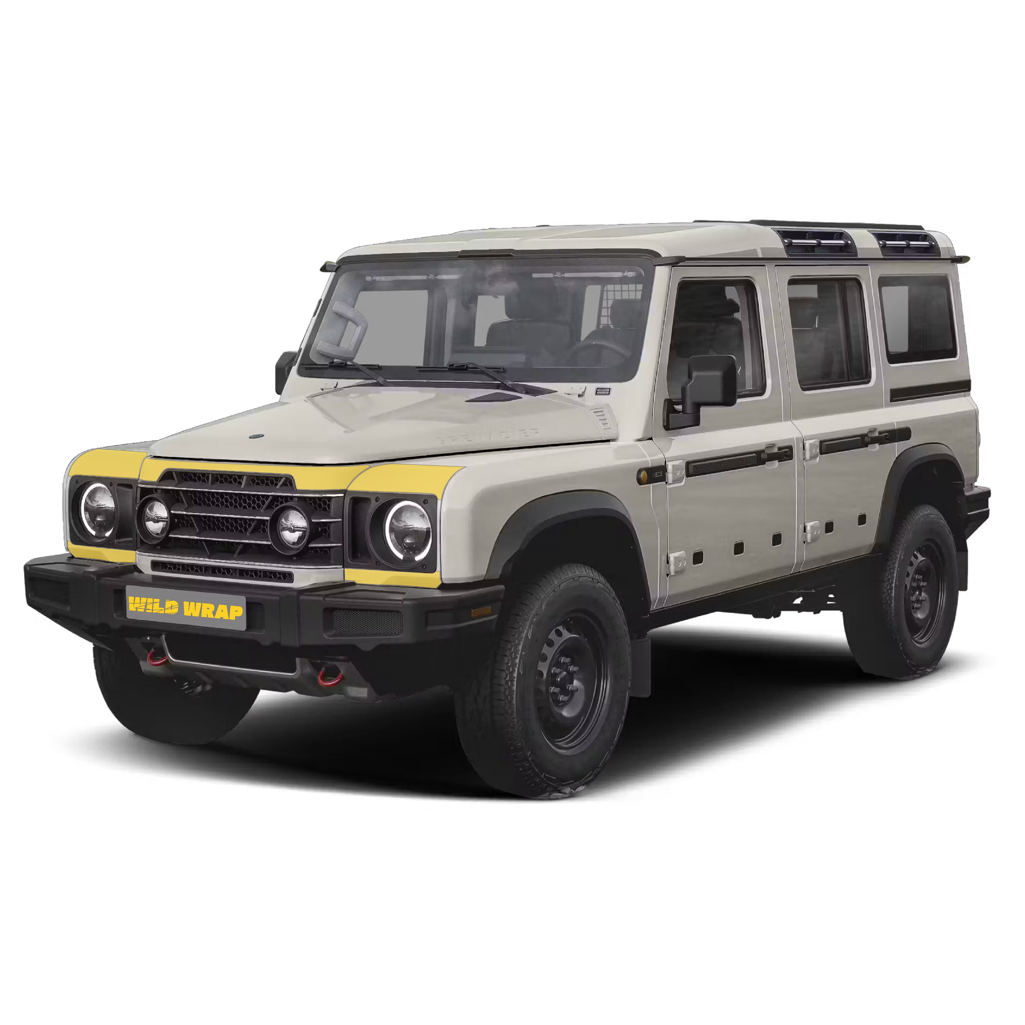 ineos Grenadier with WildWrap DIY PPF front end kit coverage shown in yellow overlay
