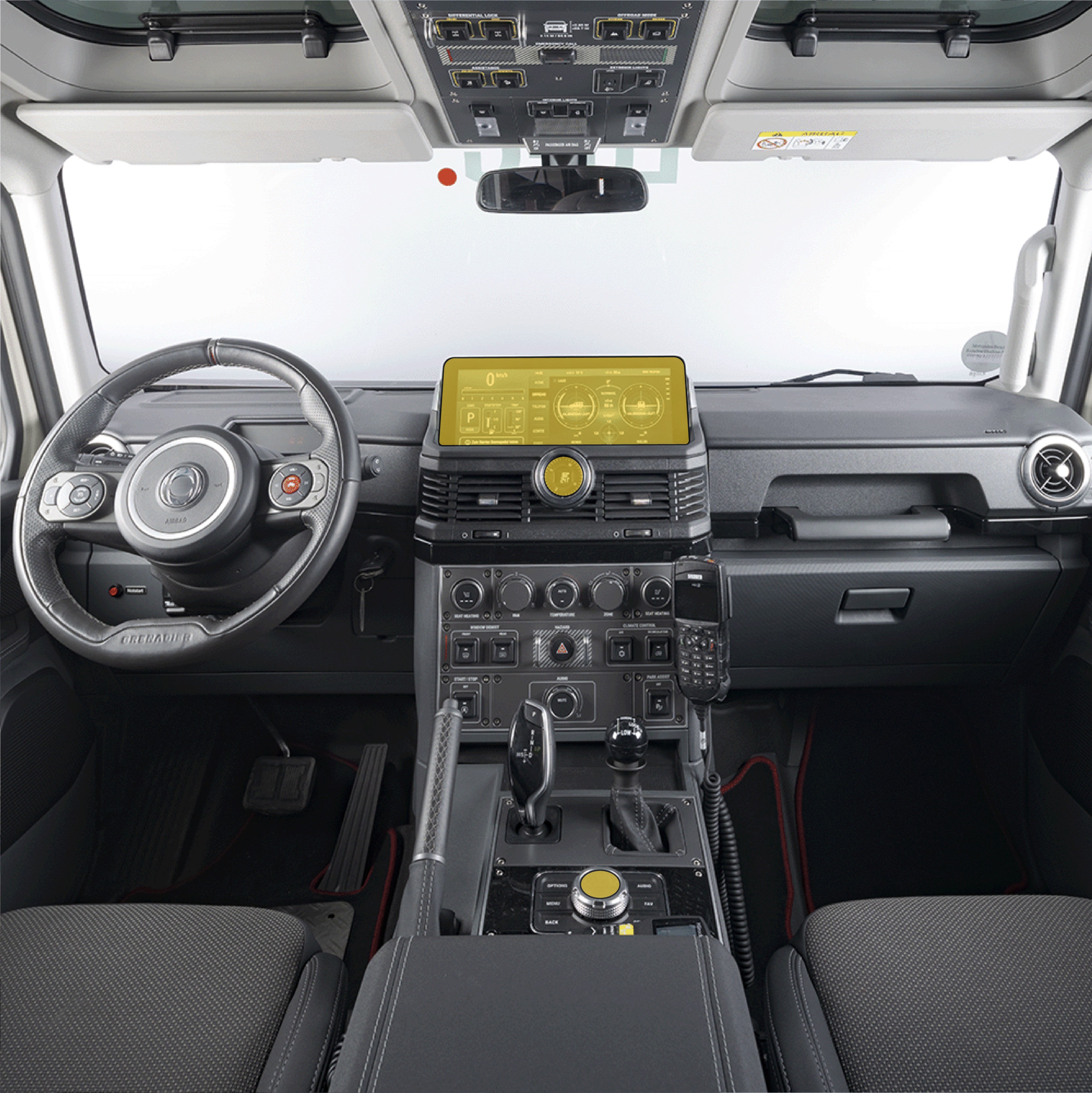Ineos Grenadier with WildWrap DIY PPF interior screens kit coverage shown in yellow overlay
