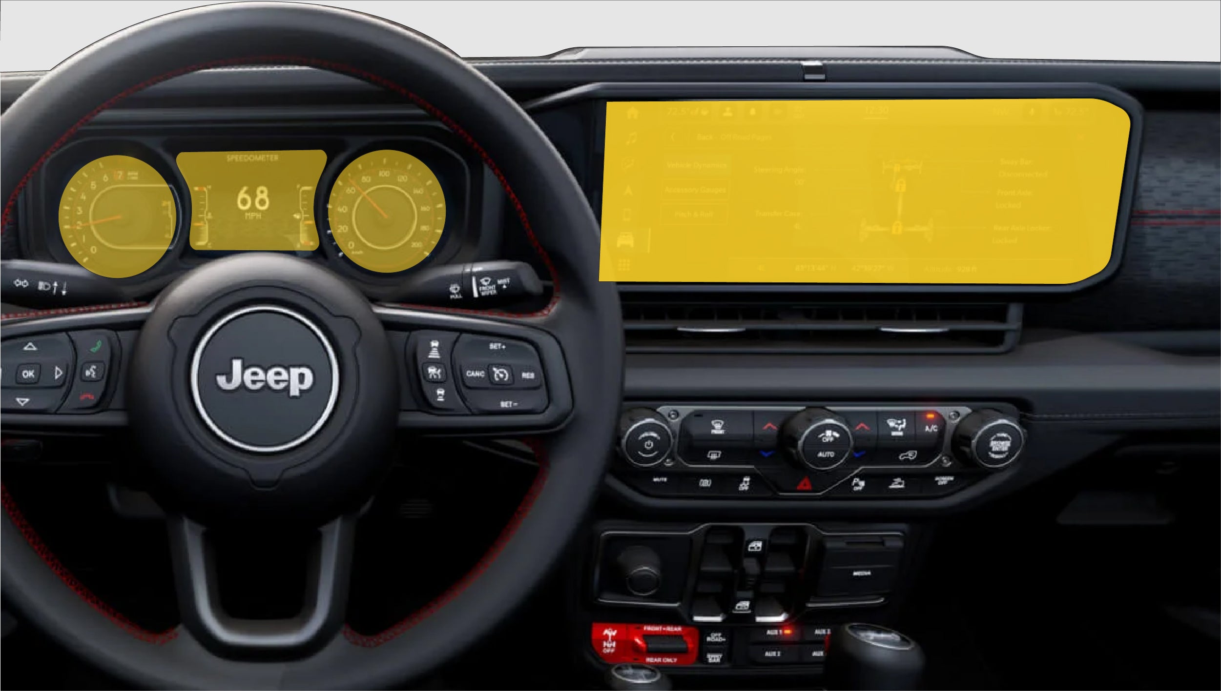 Jeep Gladiator wrangler jl JT facelift with WildWrap DIY PPF interior screens kit coverage shown in yellow overlay
