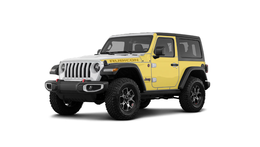 Jeep Wrangler JL 2-door with WildWrap DIY PPF side coverage shown in yellow overlay
