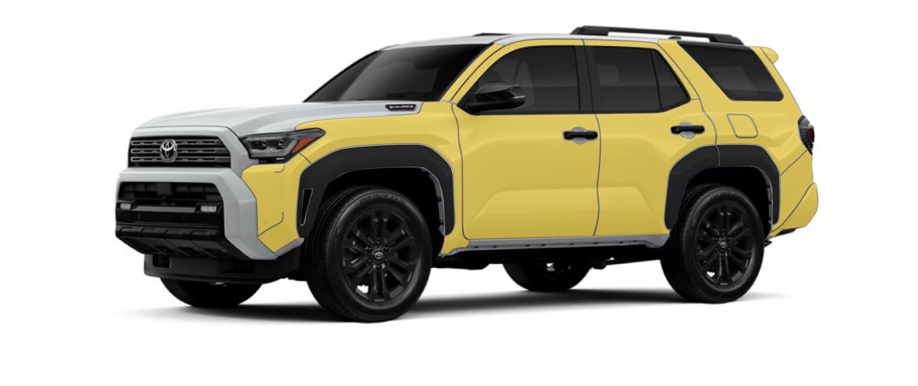 Toyota Tacoma 6th gen with WildWrap DIY PPF sides and bumpers coverage shown in yellow overlay
