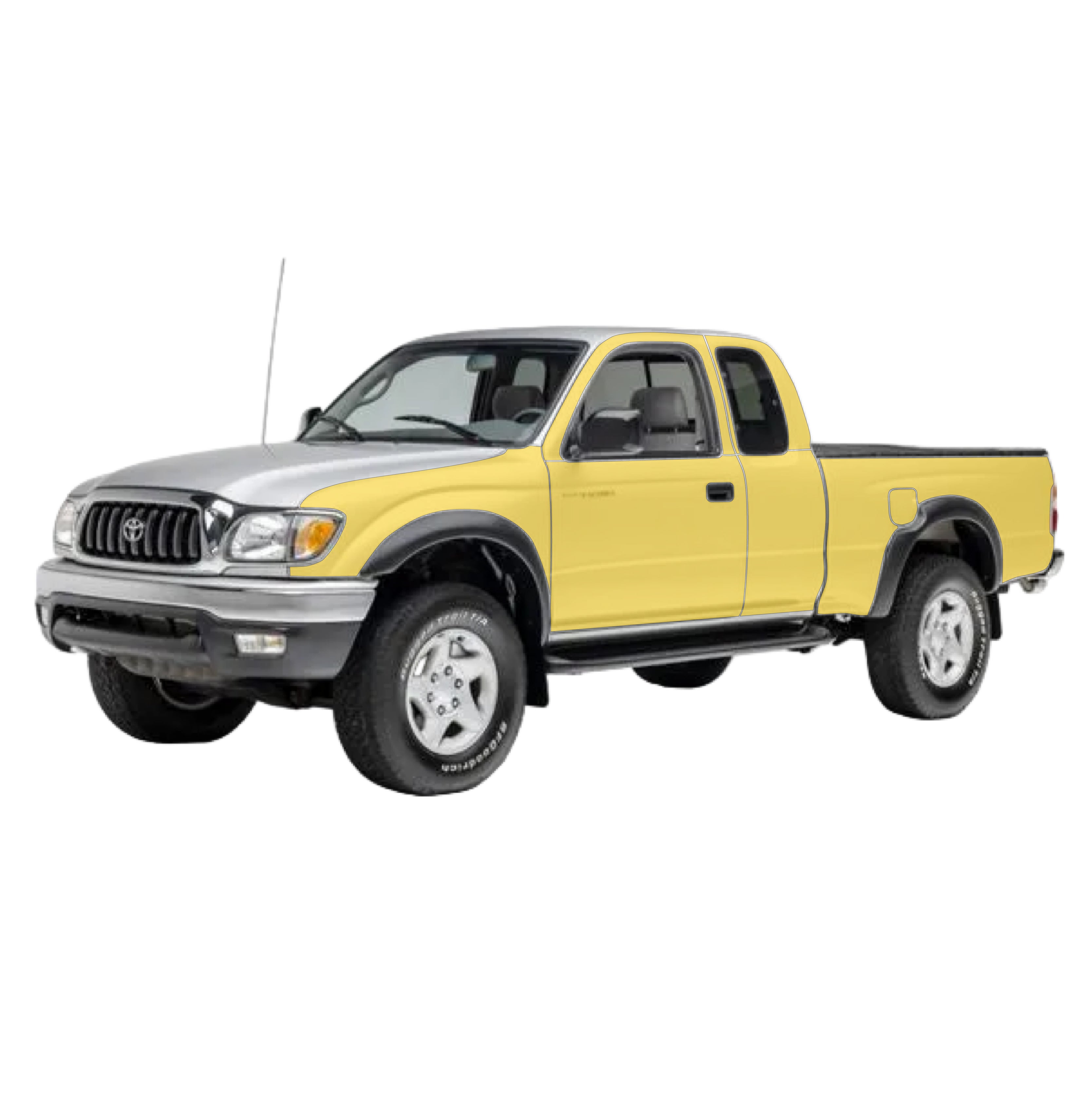 Toyota Tacoma 1st gen with WildWrap DIY PPF sides coverage shown in yellow overlay 